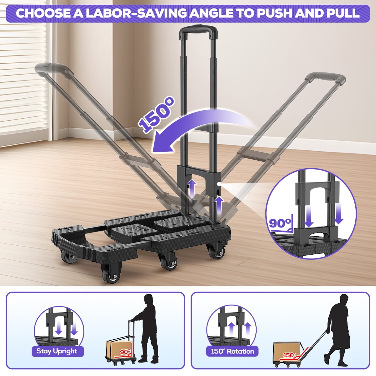 TNTANTS Folding Hand Truck, Heavy-Duty Portable Dolly Cart, 6-Wheel Collapsible Luggage Trolley with 3 Elastic Ropes (Black, 500 lb) 19z23