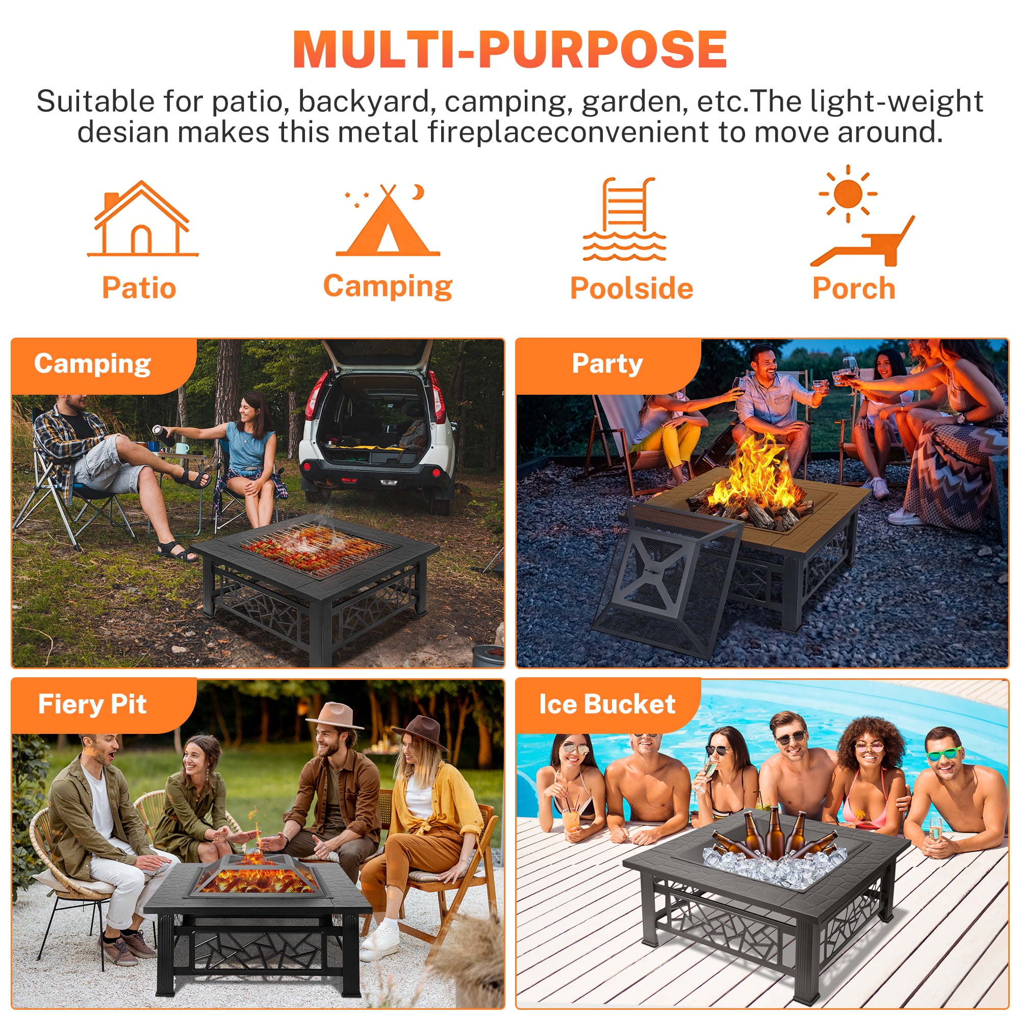 Segmart 32 in Square Outdoor Fire Pit with Spark Screen and Lid (Black, 32 in) 6juqy