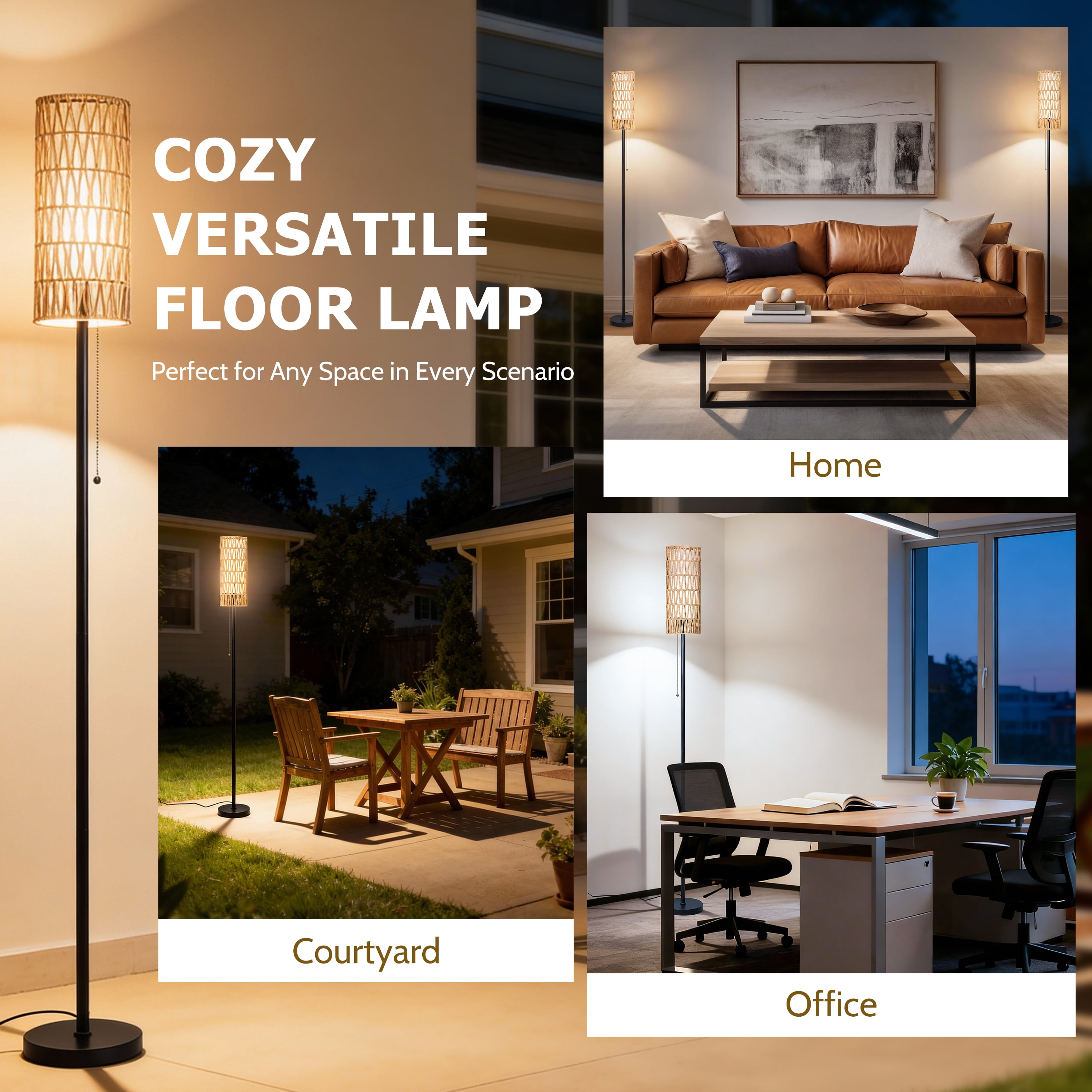 Coliware 63 in Rattan Floor Lamp, Modern Standing Pole Lamp with Dual Shade and Pull Chain (Black, 63 in) 7tbs8