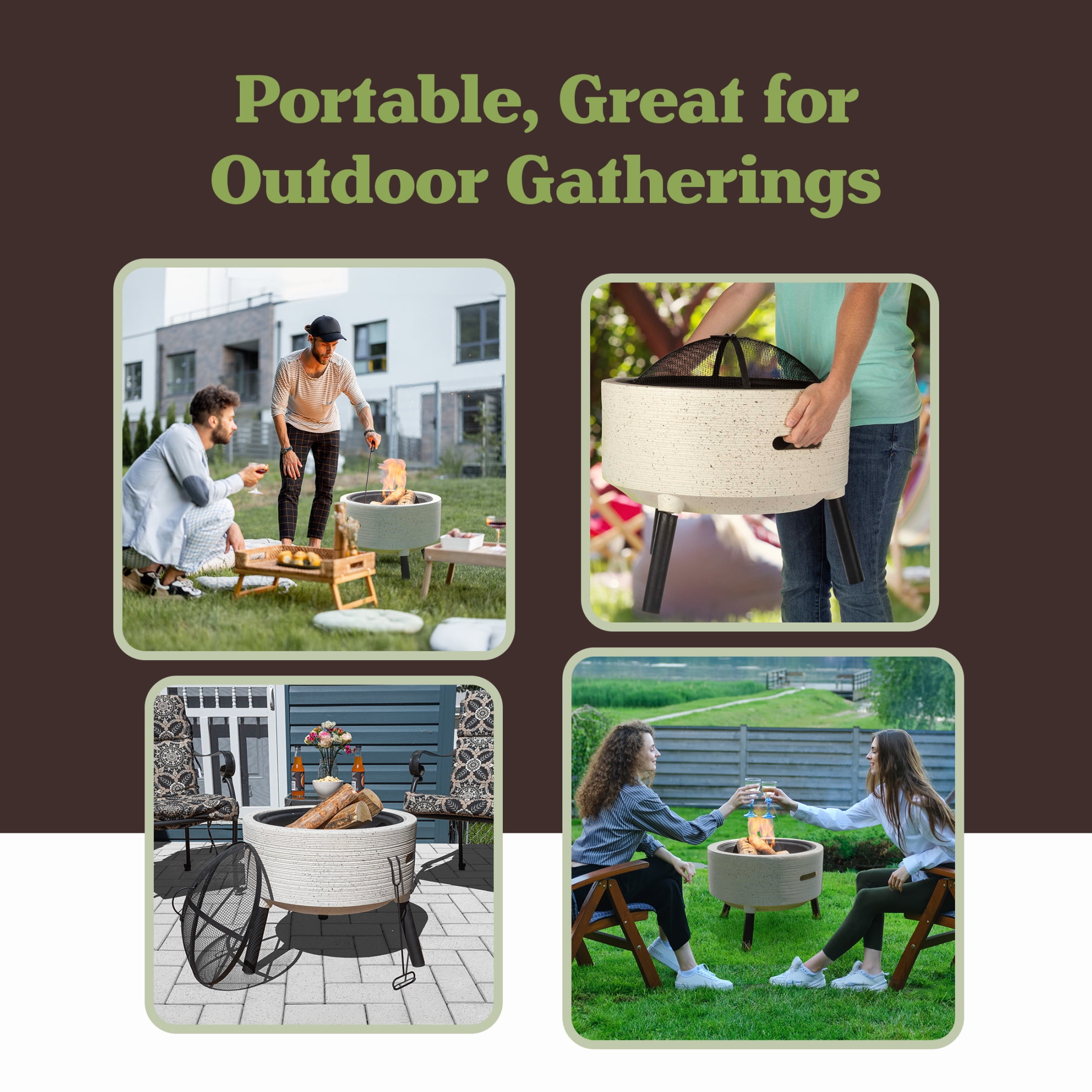 Pure Garden Round Outdoor Wood Burning Fire Pit with Spark Screen and Cover (Light Gray, 21 in) 84k1n