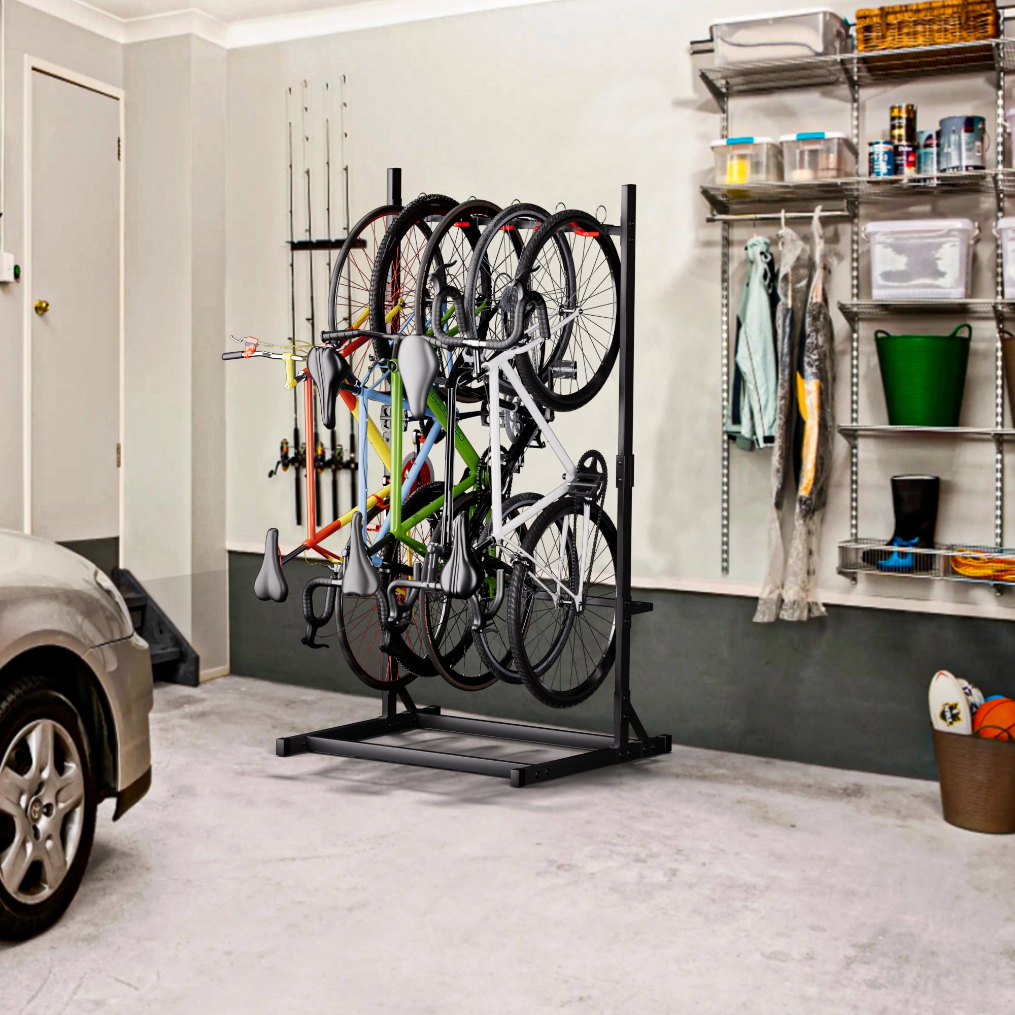 YOHKOH Heavy-Duty Freestanding Bike Rack, Vertical 5-Bike Floor Stand Storage Organizer (Black, 76 in Height) nthzl