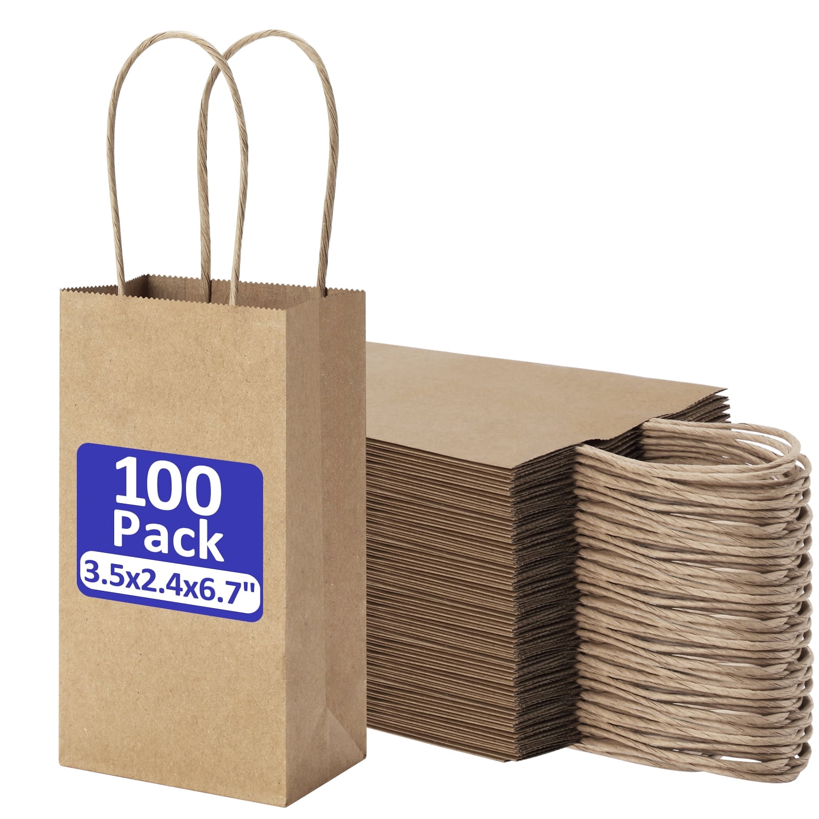 BagDream Mini Kraft Paper Gift Bags with Handles for Party Favors and Retail (Brown, 100 Pack, 3.5x2.4x6.7 in) hig67