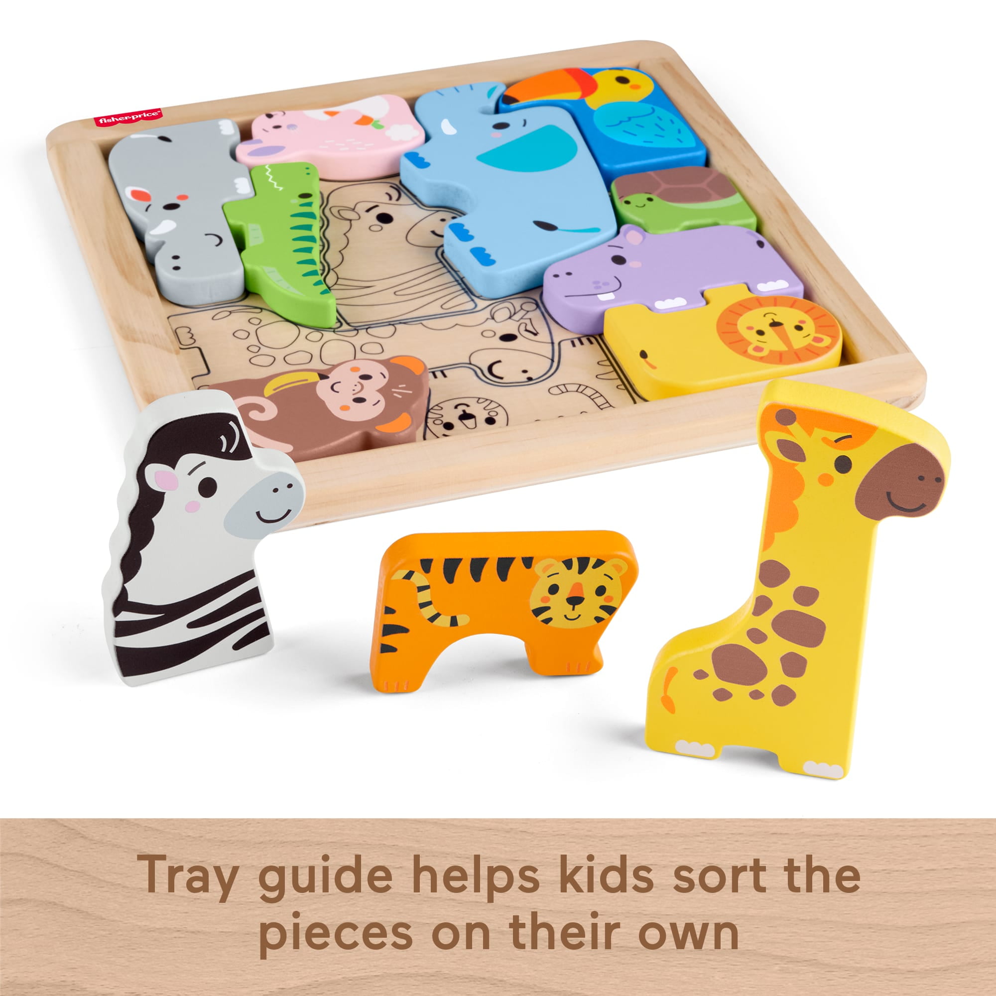 Fisher-Price Wooden Animal Puzzle, Shape-Sorting Activity Set for Toddlers (Multicolor, 12-Piece) n2dh8