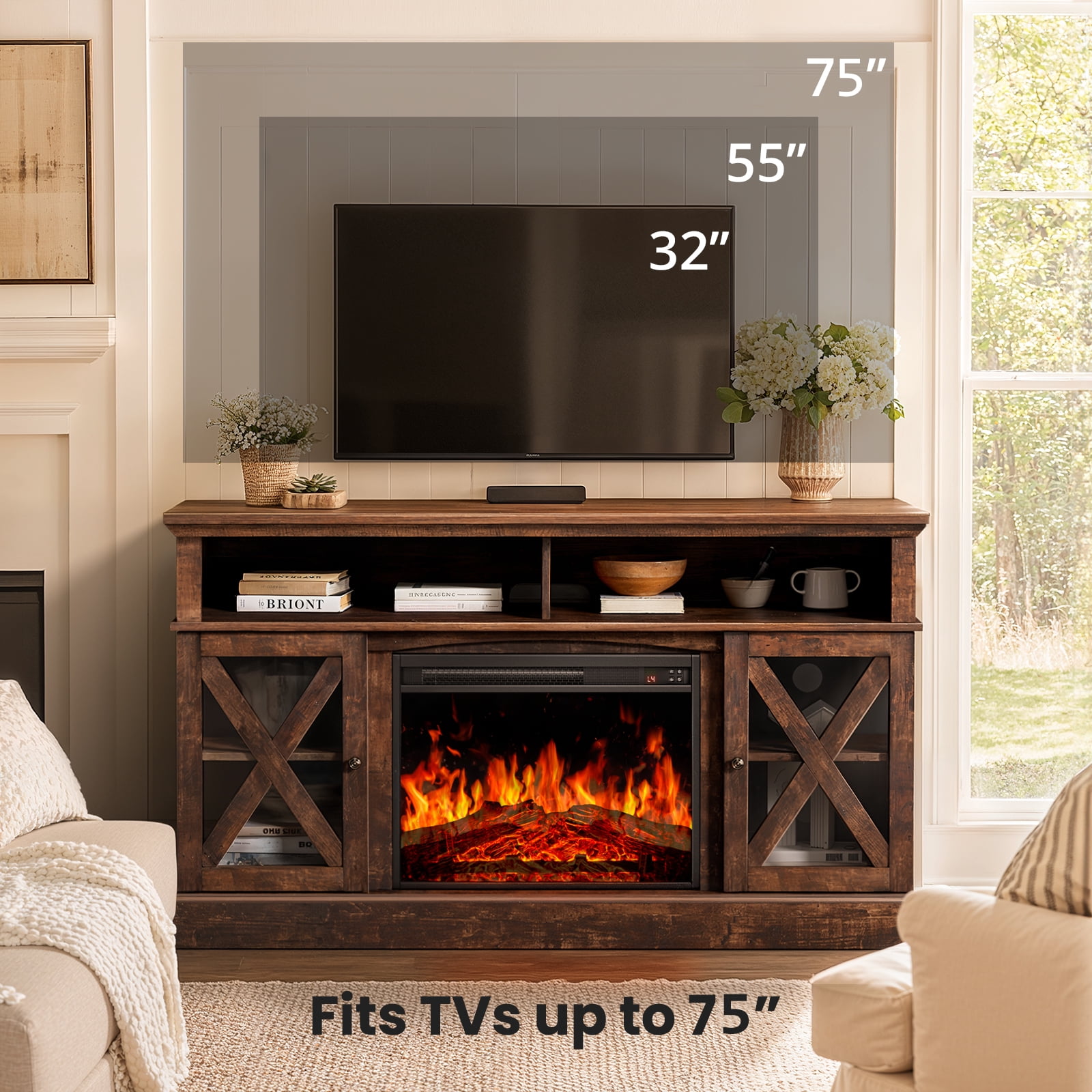 CHITOOMA Electric Fireplace TV Stand for 75 inch TVs Farmhouse Media Console (Vintage Brown, 23 in Fireplace) vppl5