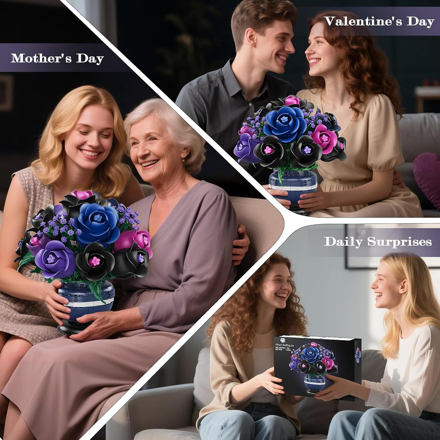 TERRAMUS Purple Rose Bouquet Building Set, Floral Construction Blocks for Home Decor (507 Pieces) 040r7