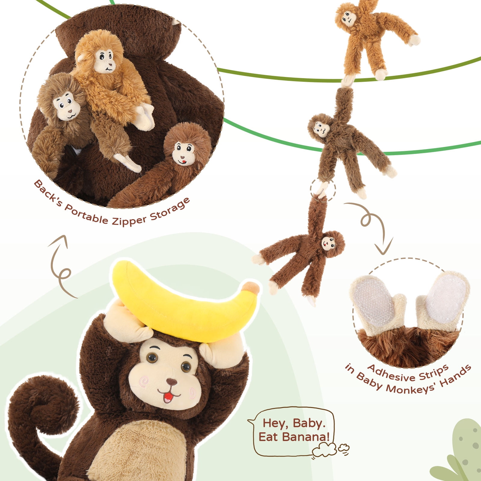 MaoGoLan Monkey Mommy Stuffed Animal Set with 3 Baby Monkeys and 1 Banana Plush Toy (Brown, 25.6 in) lcchm