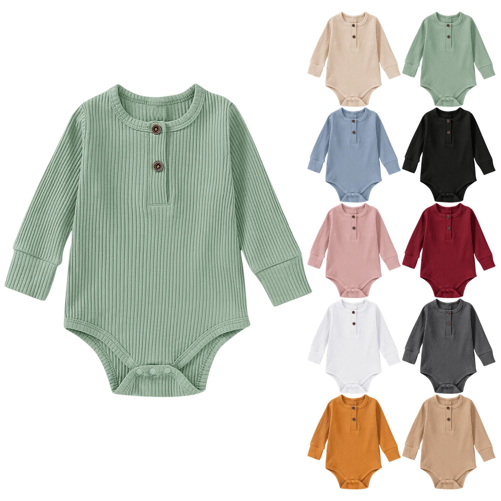 THDHVS Newborn Ribbed Romper Bodysuit Soft Unisex Infant Sleepwear (Beige, 6-12 Months) 397xj