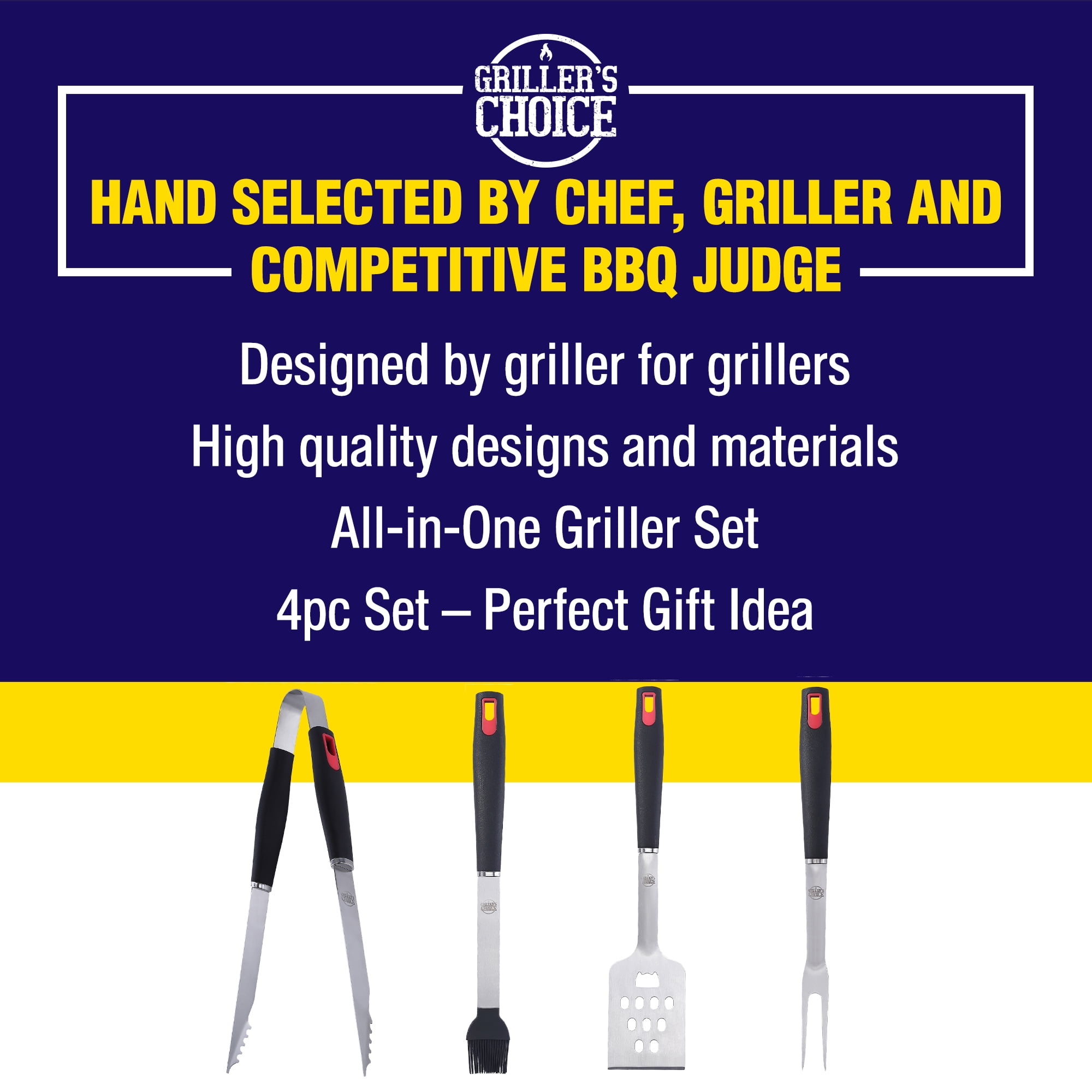 Grillers Choice BBQ Grilling Tool Set, Heavy-Duty Stainless Steel Utensils for Gas and Charcoal Grills (4-Piece Set) h8fih
