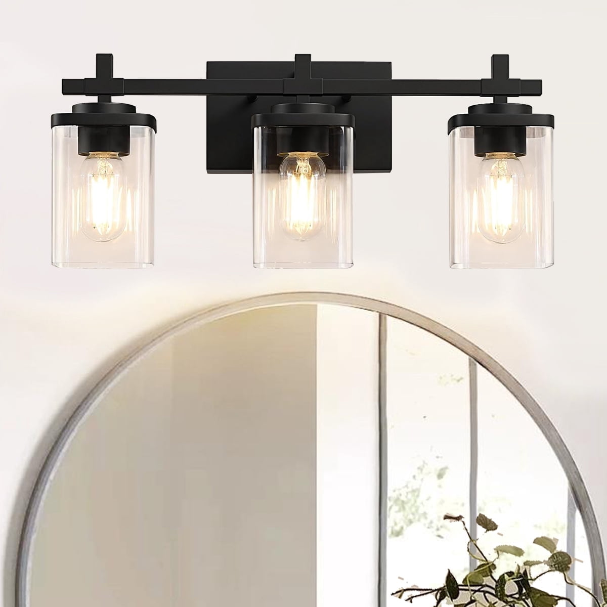 Pynsseu 24 in 3-Light Bathroom Vanity Light Fixture, Matte Black Wall Sconce with Clear Glass Shades 3t5dh