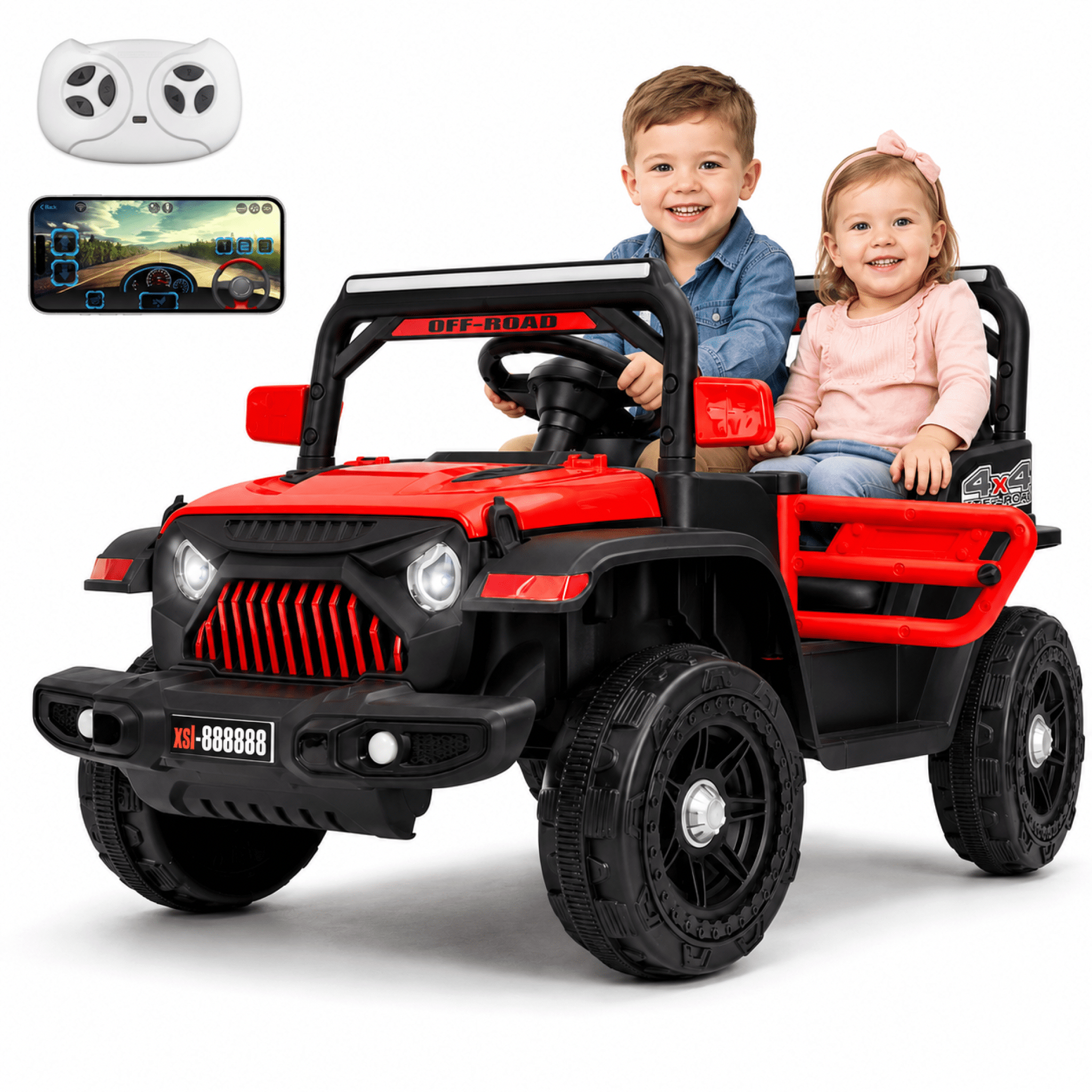 FUPOJH 12V Electric Kids Ride-On Jeep with Remote Control, Bluetooth Music, and 4-Wheel Suspension (Red, 66 lb Capacity) 3f3rs