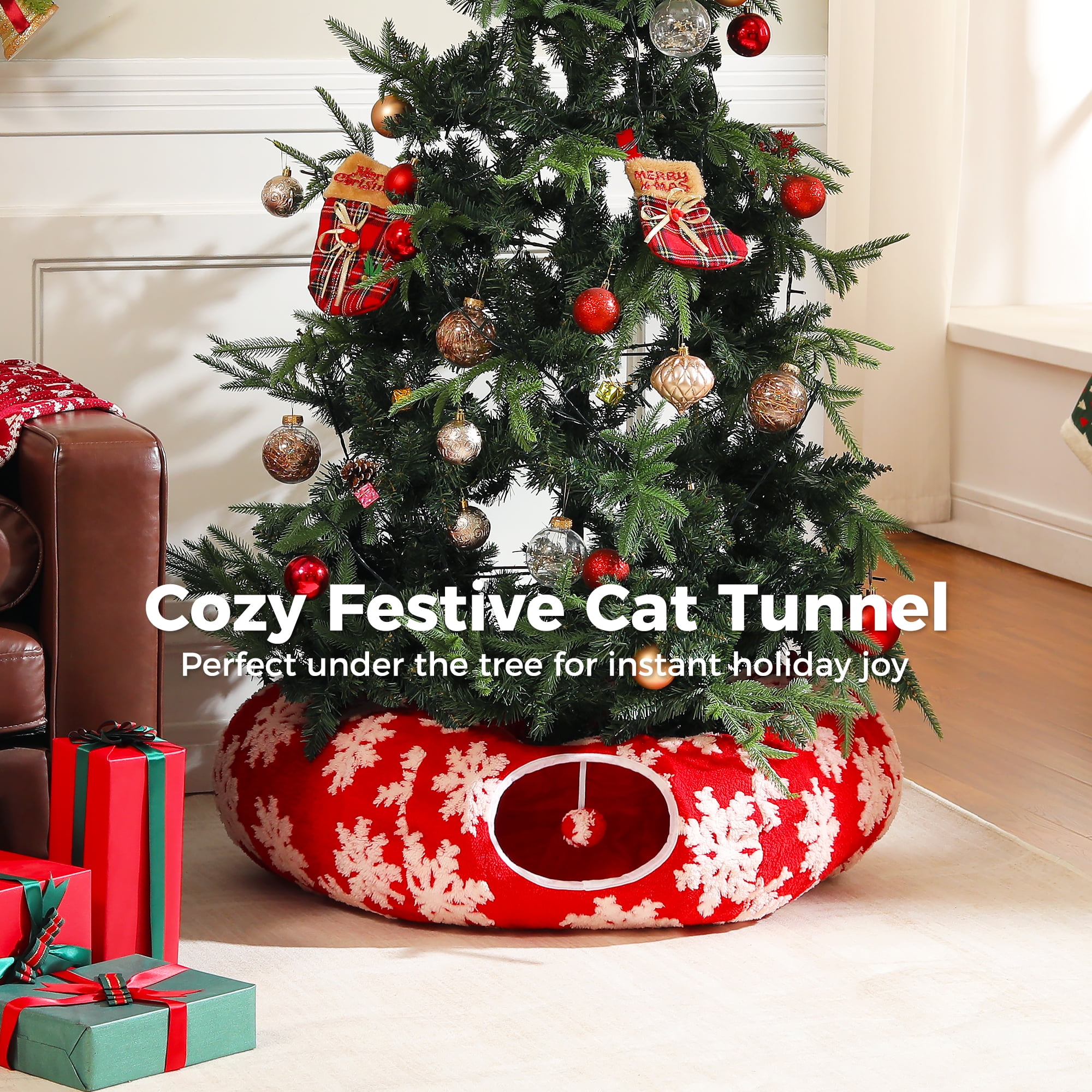 PAWZ Road Christmas Cat Tunnel Bed with Soft Mat and Hanging Toys (Red, 34 in) 3w2e7