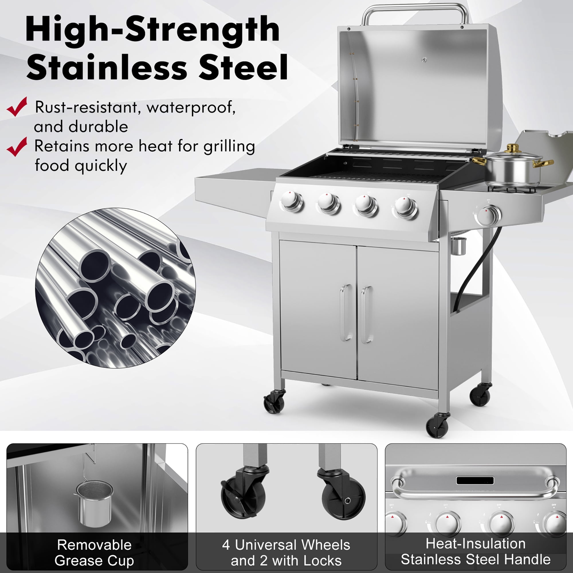 Costway 5-Burner Propane Gas Grill with Side Burner and Prep Table (Silver, 516 sq in) ngiis