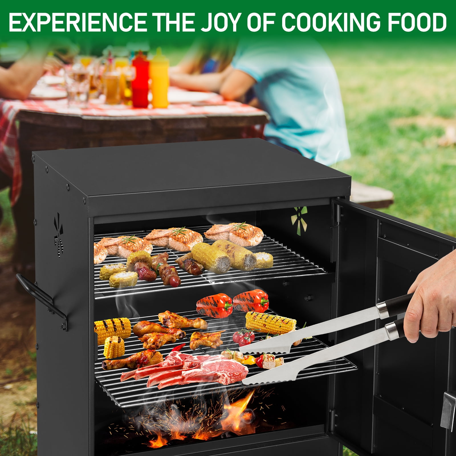 TopComfy Outdoor Charcoal Smoker Grill with Double Doors and Thermometer (2-Rack System) 8u5ml
