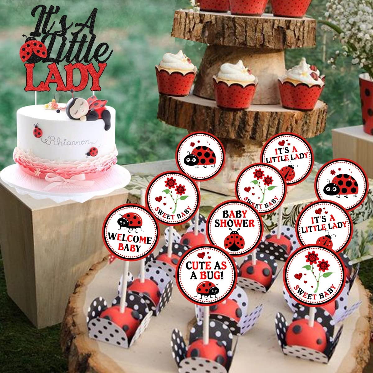 Cheereveal Ladybug Cake Topper Set for Baby Shower and Birthday Party (Red, 25 Pieces) 6zcho