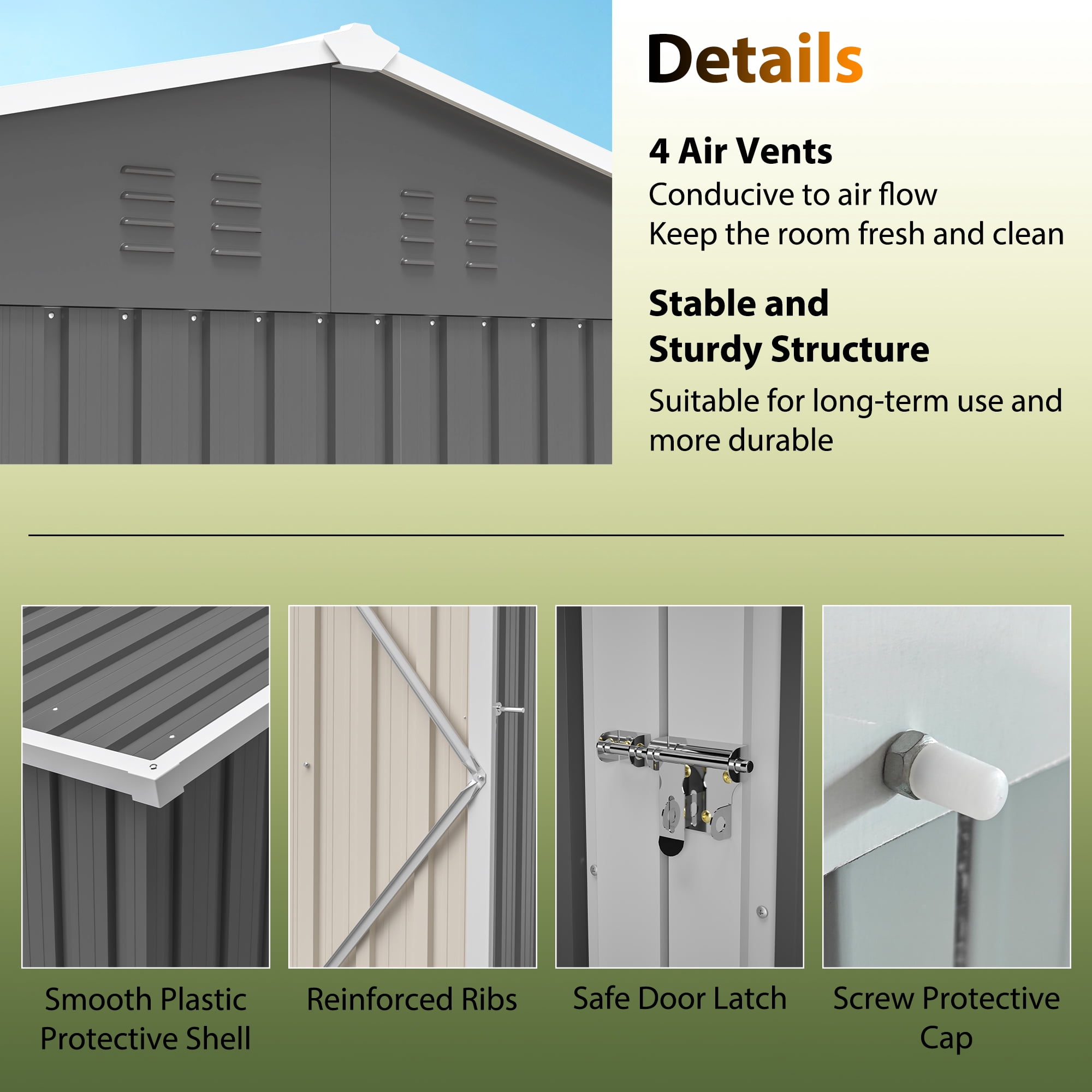 Roninkier Large Galvanized Steel Storage Shed with Lockable Double Doors and Window (Dark Gray, 8x6 ft) 6k2hq