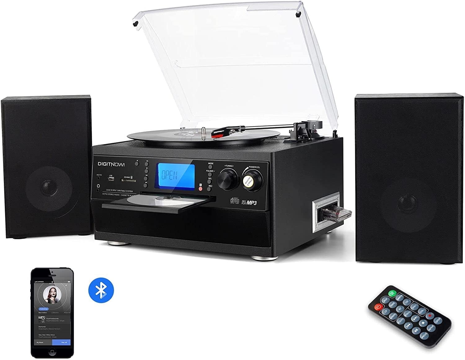 EYESEN Vintage Record Player with Bluetooth, CD Player, Cassette Deck, and AM/FM Radio (Stereo Speakers, Remote Control) bshug