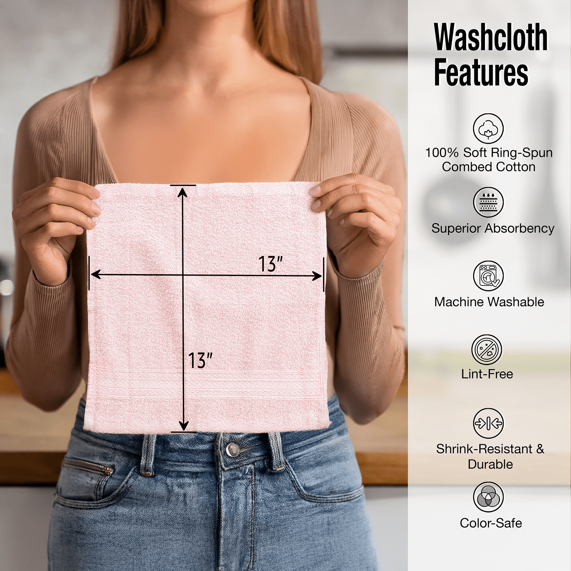 Living Fashions Luxurious Cotton Washcloths, Absorbent Soft Face Cloths for Daily Skincare (Pink, 12 Pack, 13 in x 13 in) 65t4j