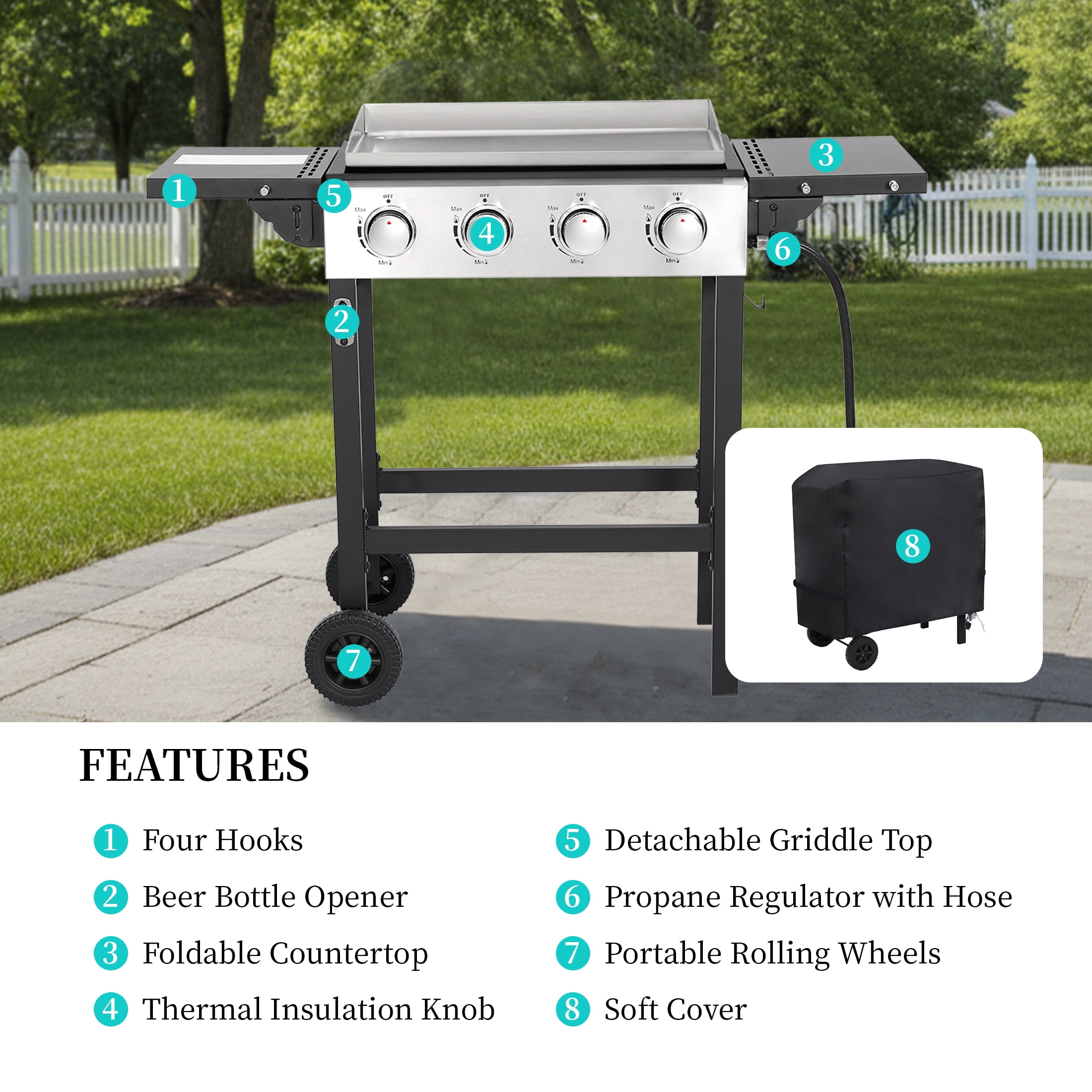 Garden It 4-Burner Propane Flat Top Gas Grill, Outdoor Griddle with Stainless Steel Pan and Side Shelves (Black, 40000 BTU) hflsn
