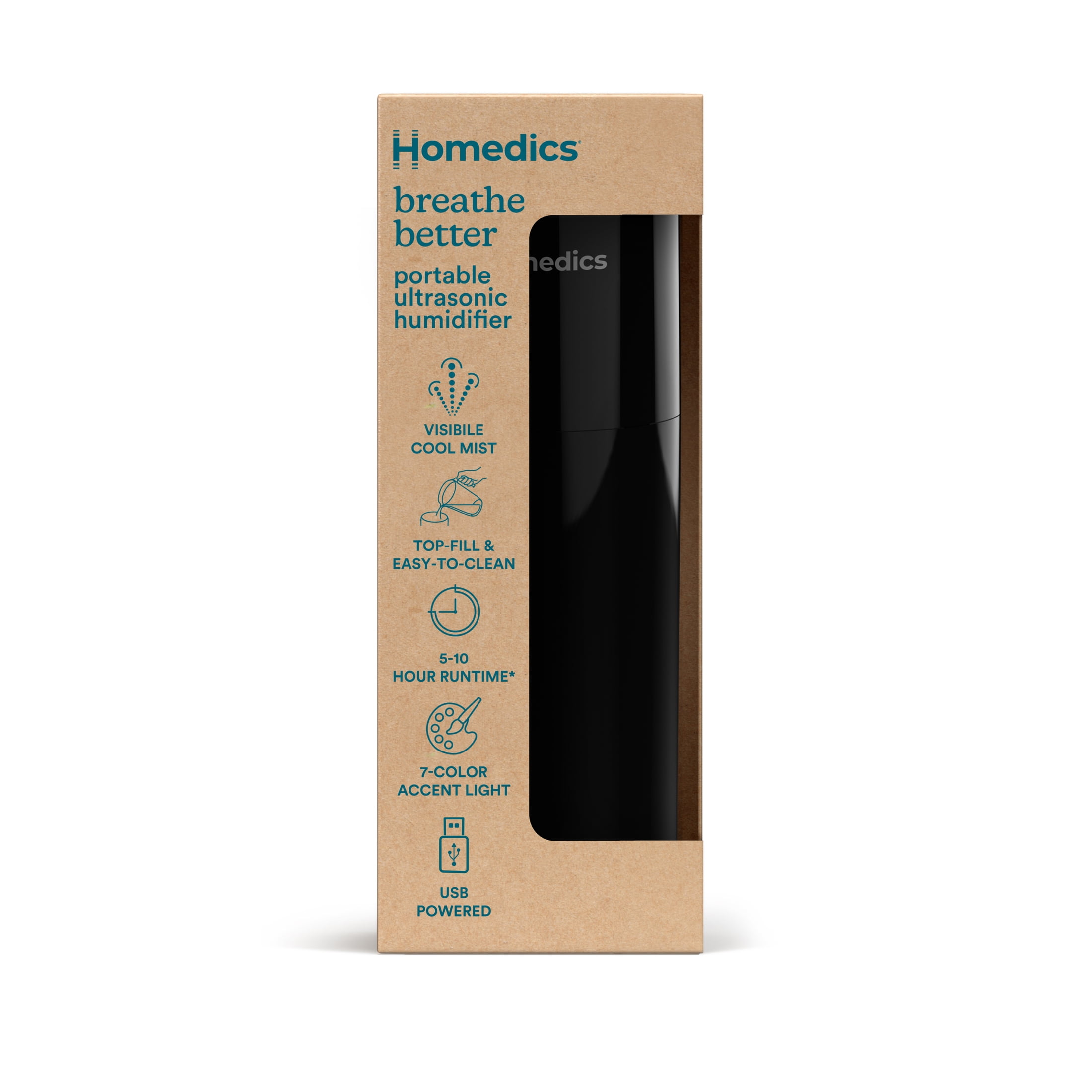 Homedics Portable Ultrasonic Humidifier, Cool Mist Desktop Air Moisturizer with Nightlight (Black, 7.7 fl oz) ju8jz