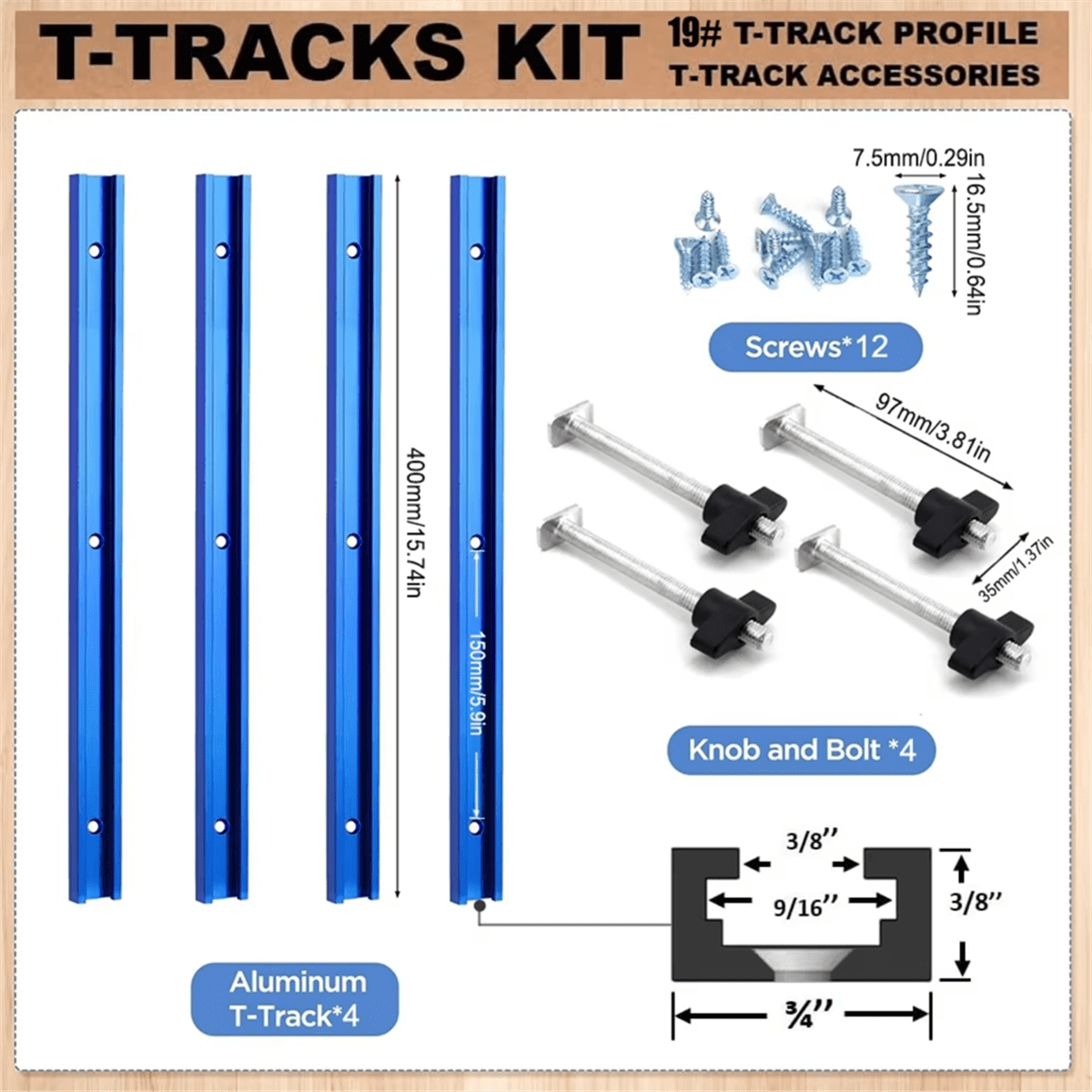Woodworking T-Track Kit Aluminum Miter Slot Track for Router Table and Workbench (Blue, 19 in) 2ox2n
