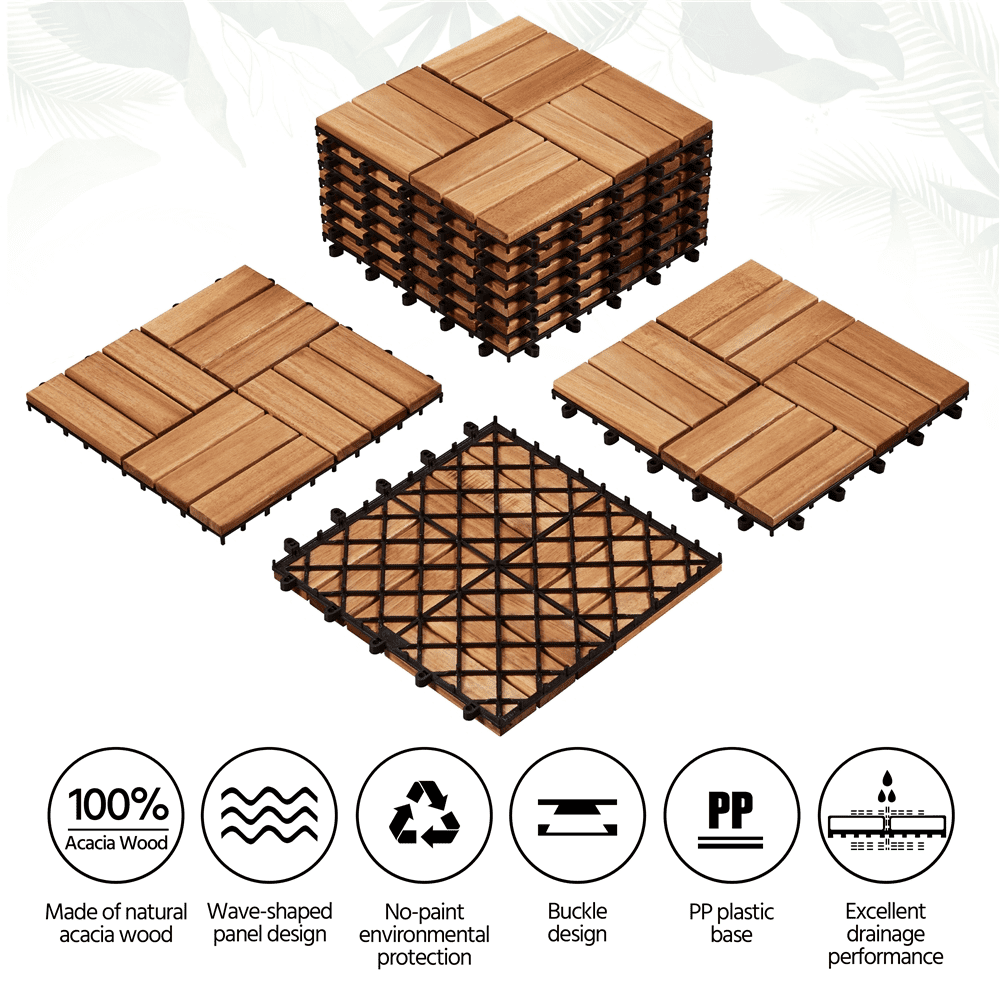 Yaheetech Interlocking Acacia Wood Deck Tiles for Patio and Garden (Brown, 27 Pack, 12.5 in x 12.5 in) p5wn7