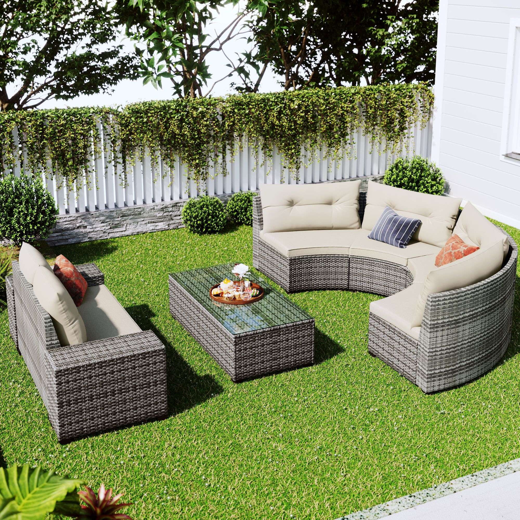 Rhomtree 8-Piece Half-Moon Outdoor Patio Furniture Set, Sectional Rattan Sofa with Coffee Table and Cushions (Beige) kks3i