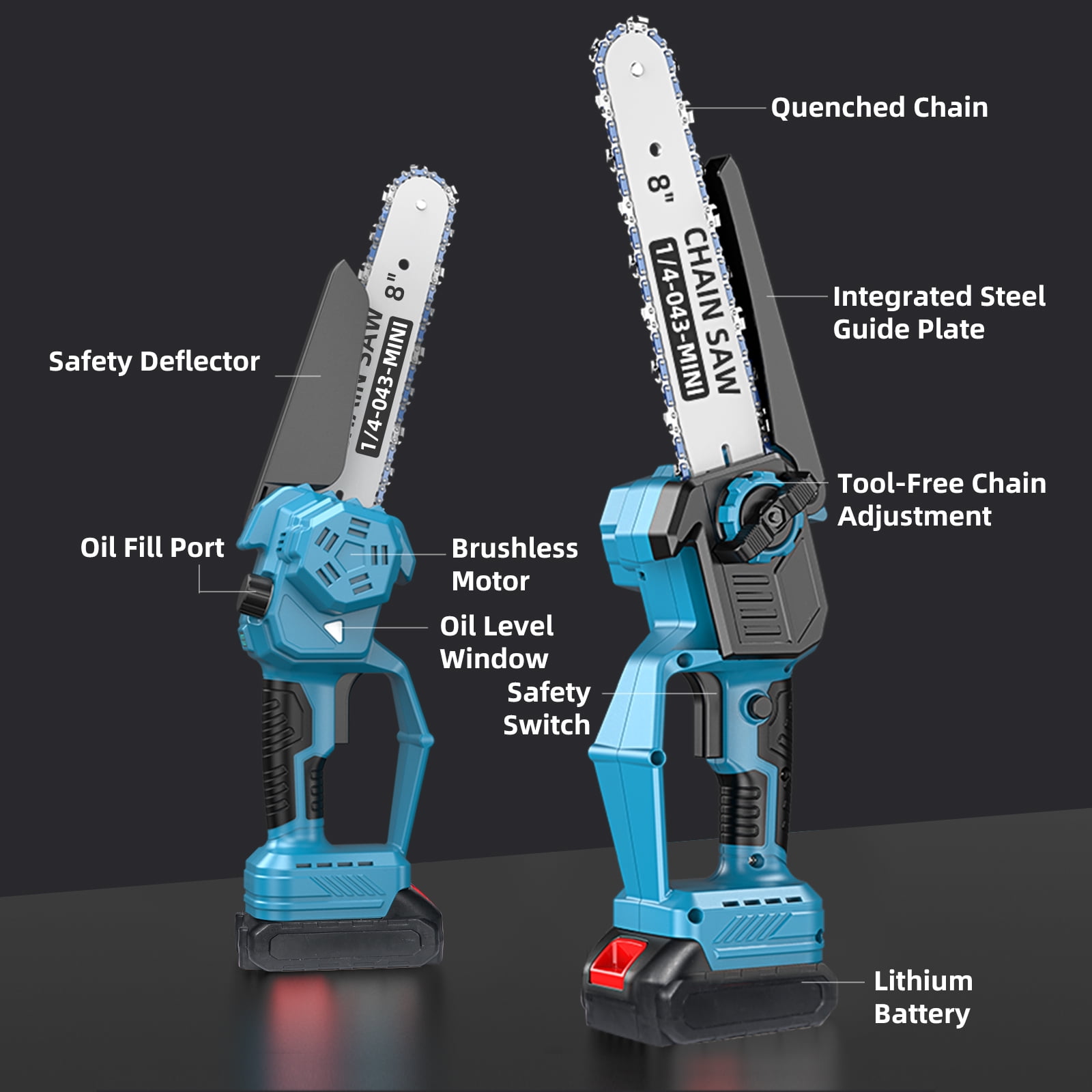 KingFurt 8 in Cordless Mini Chainsaw, Handheld Electric Power Tool with Automatic Lubrication (Blue, 2 Batteries, 2 Blades, 2 Chains) pzo83