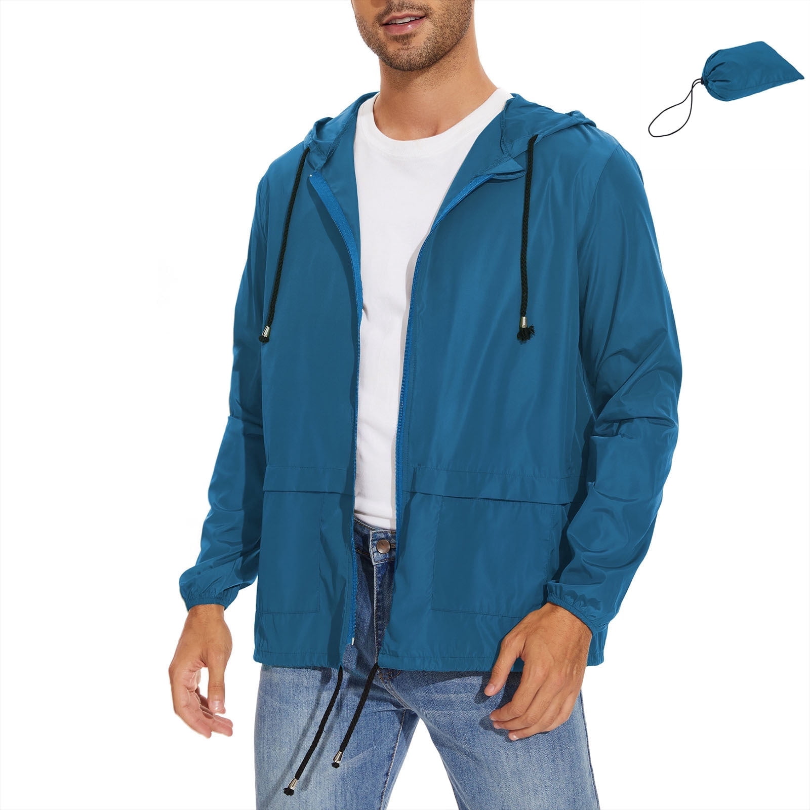 American Trends Men's Waterproof Rain Jacket Lightweight Packable Windbreaker with Hood (Blue, 3XL) o69sj