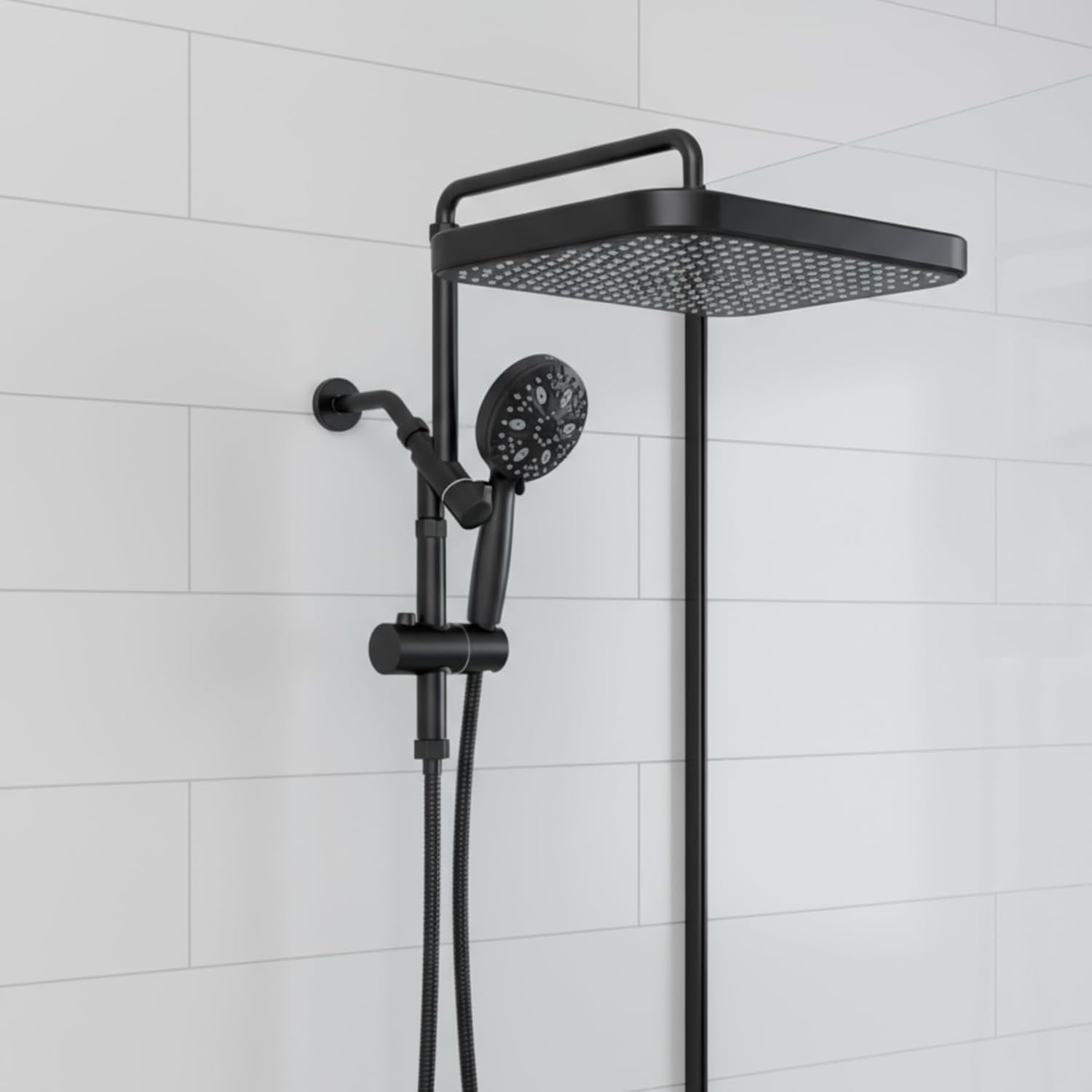 ROSYNEY 15 in Rainfall Shower Head with Handheld Combo, 8-Setting Sprayer, Adjustable Extension Arm (Matte Black, 15 in) gljoq