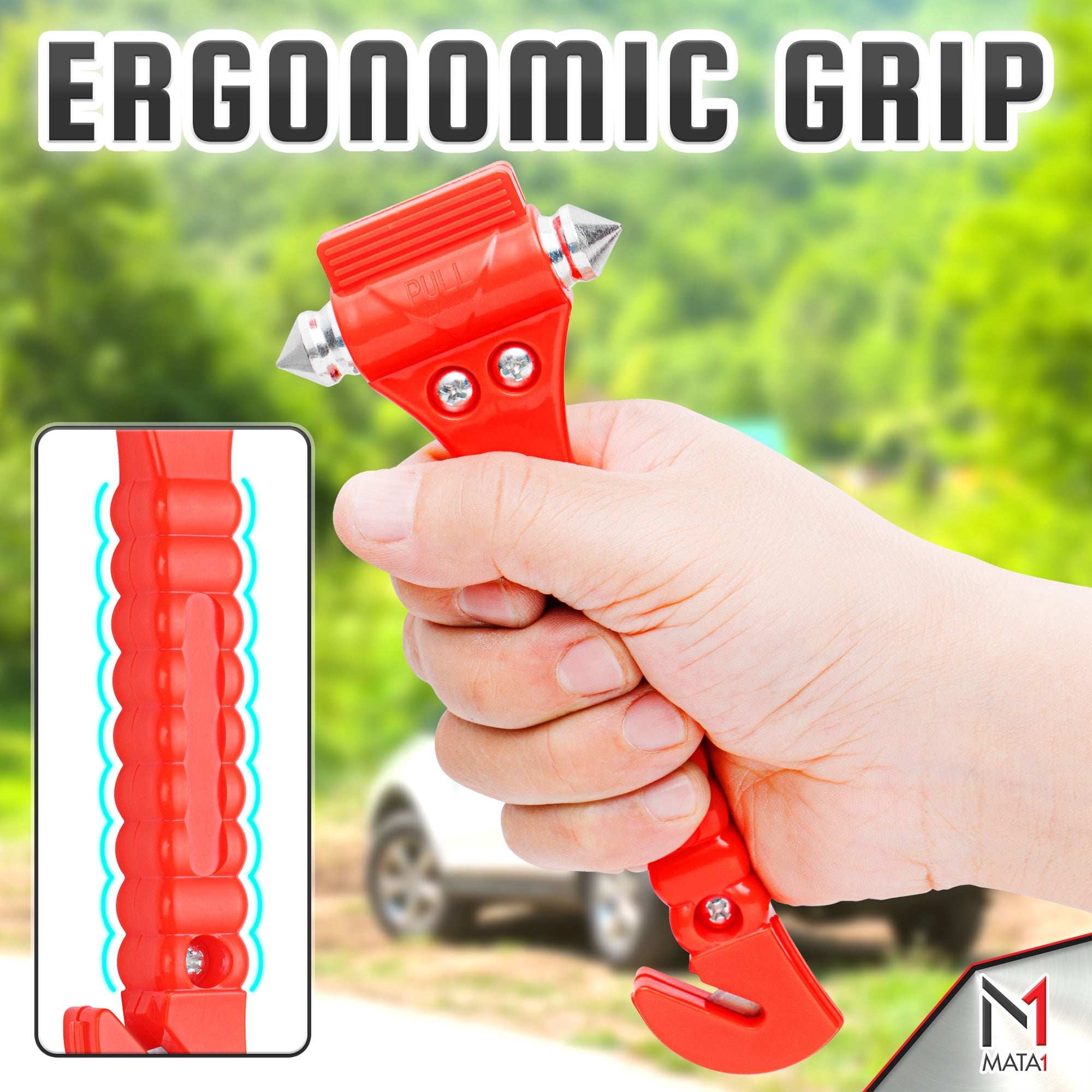 Mata1 Automotive Emergency Seatbelt Cutter and Window Glass Breaker Tool (Red, 2 Pack) 2ku3i