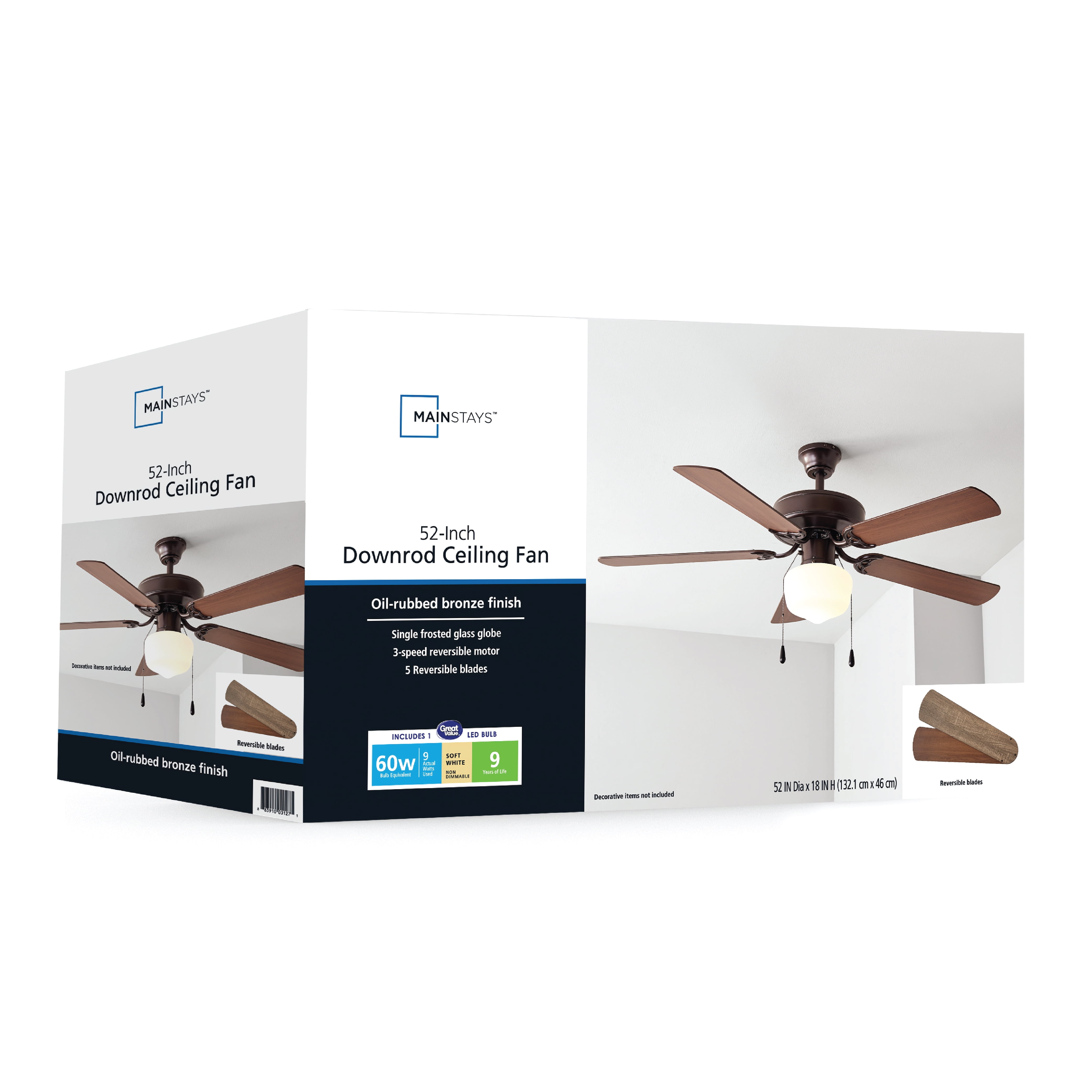Mainstays 52 in Ceiling Fan with Light Kit, Reversible Motor, 5 Blades (Oil Rubbed Bronze, 52 in) mvlon