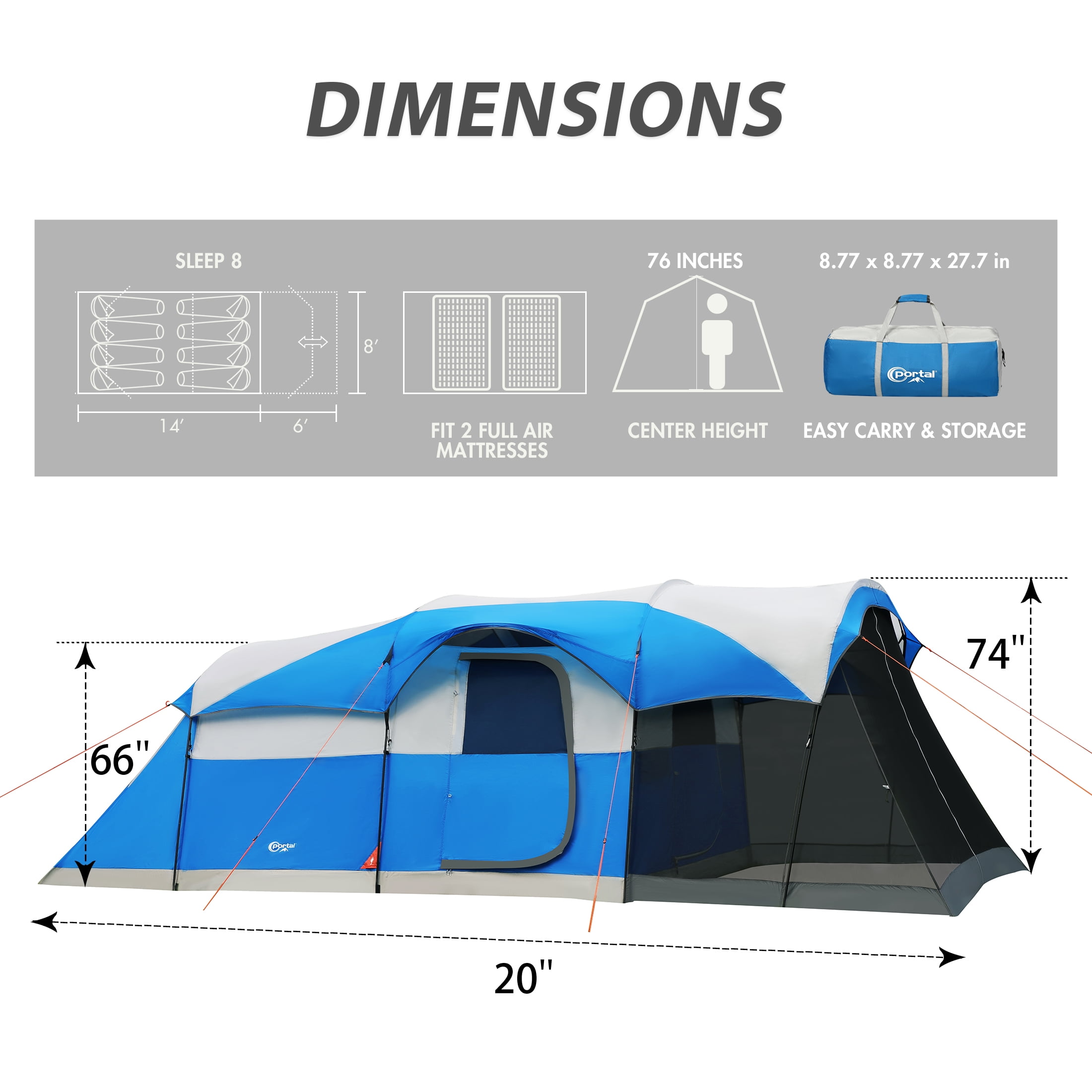 Portal 8 Person Camping Tent, Large Cabin Tent with Screen Porch and Rainfly (Blue, 20ft x 8ft x 74in) f2xnv