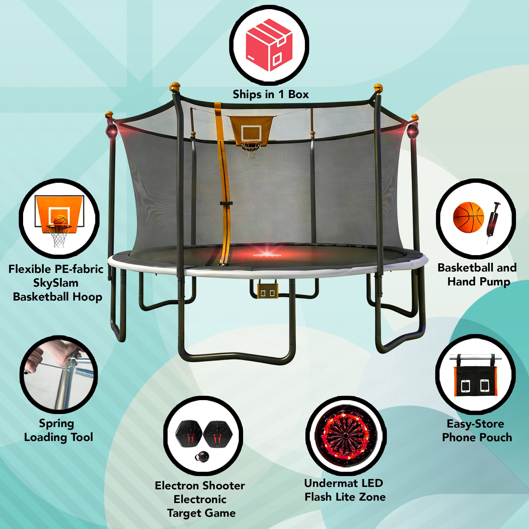 Bounce Pro 14 ft Multiplay Trampoline with Safety Enclosure, Basketball Hoop, and Electronic Target Game (14 ft) pwd9v