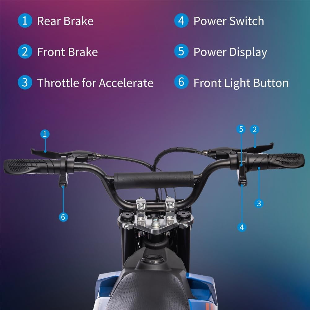 Jojoka Electric Dirt Bike for Kids, 500W Motor Off-Road Motorcycle with LED Headlight and Leather Seat (Blue, 175 lb Max Load) 052b8
