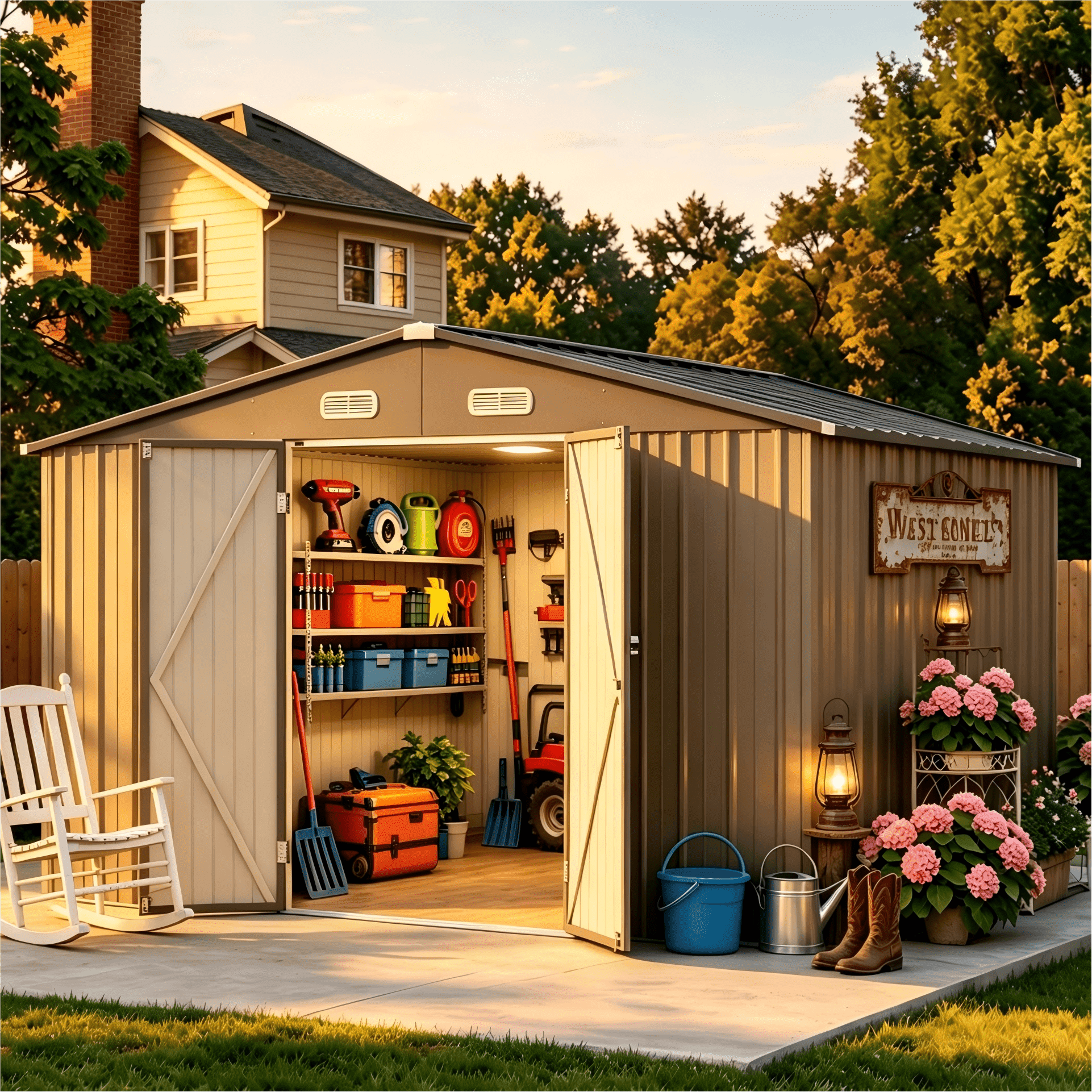 Lofka Outdoor Storage Shed, Galvanized Steel Garden Shed with Lockable Doors (Light Brown, 10 ft x 10 ft) 7du7e