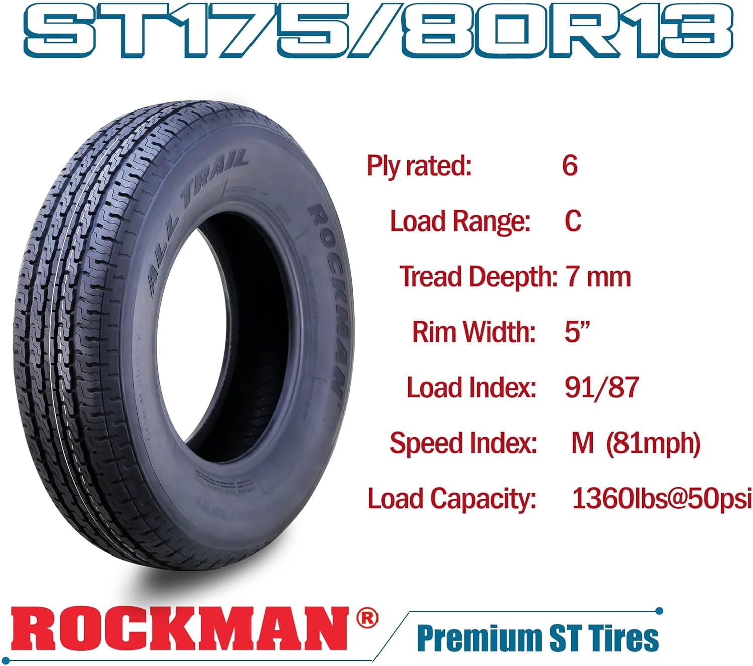 ROCKMAN ST175/80R13 Trailer Tire 6-Ply Load Range C Steel Belted Radial (Set of 4) r3t5b