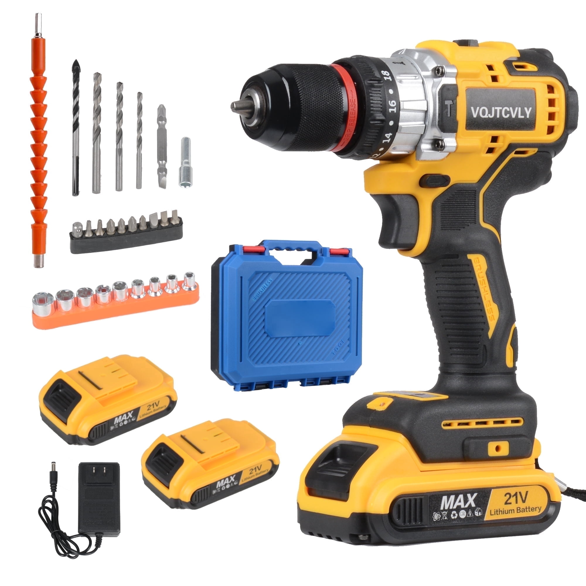 Euur 21V Brushless Cordless Power Drill Set with Battery, Charger, and 26-Piece Accessory Kit (Yellow, 3/8 in Chuck) twn5s