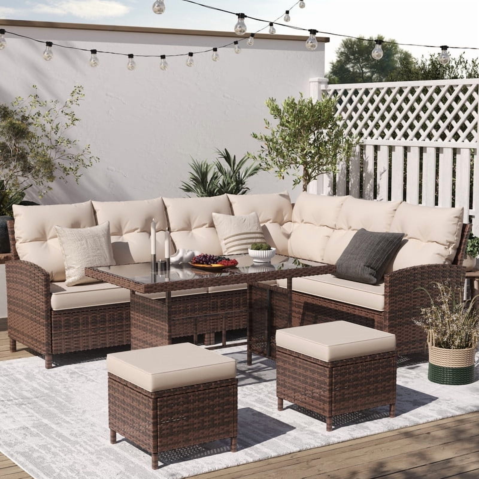 Amopatio 7-Piece Outdoor Patio Furniture Set, All-Weather Rattan Sectional Sofa with Dining Table and Ottomans (Khaki, 7-Piece Set) e1s41
