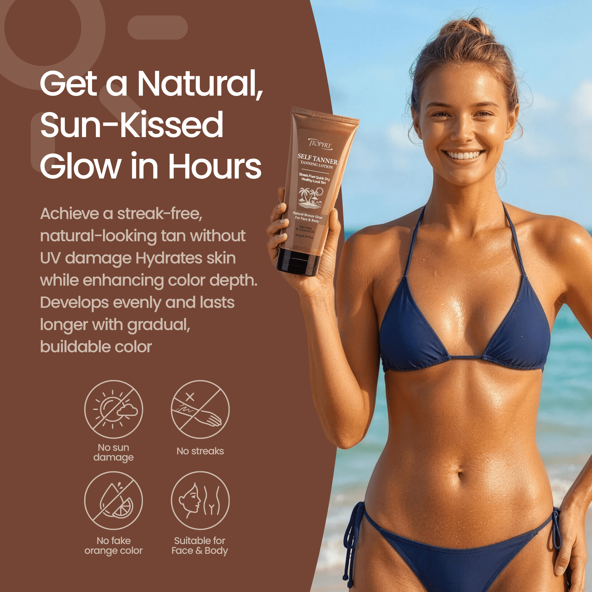 Jtopyrt Gradual Self Tanner Tanning Lotion for Natural Looking Sun-Kissed Glow (6.76 fl oz) 4x1tg