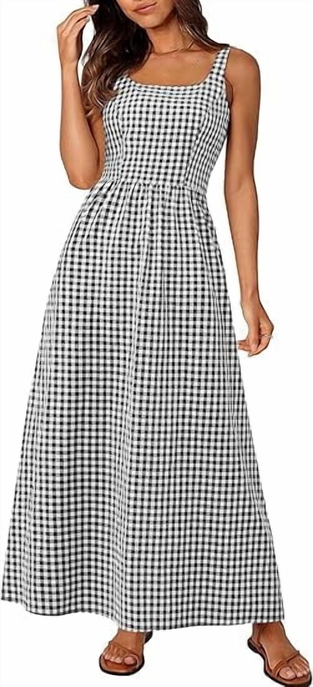 PRETTYGARDEN Women's Summer Spaghetti Strap Maxi Dress Plaid Square Neck A-Line Casual Beach Sundress (Black, XL) 7gk0j