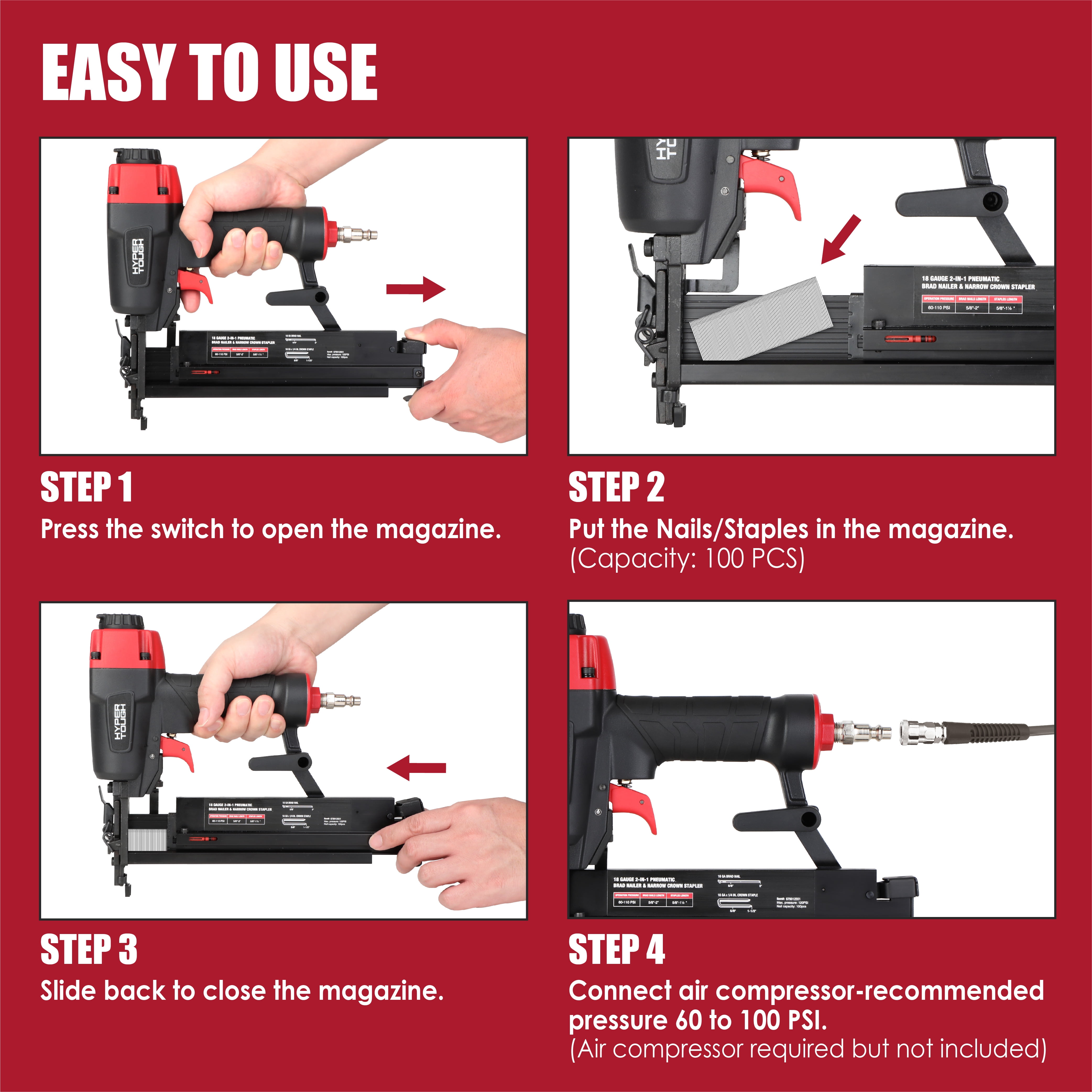 Hyper Tough 18 Gauge 2-in-1 Pneumatic Brad Nailer and Narrow Crown Stapler (Red, 2 in) pips8