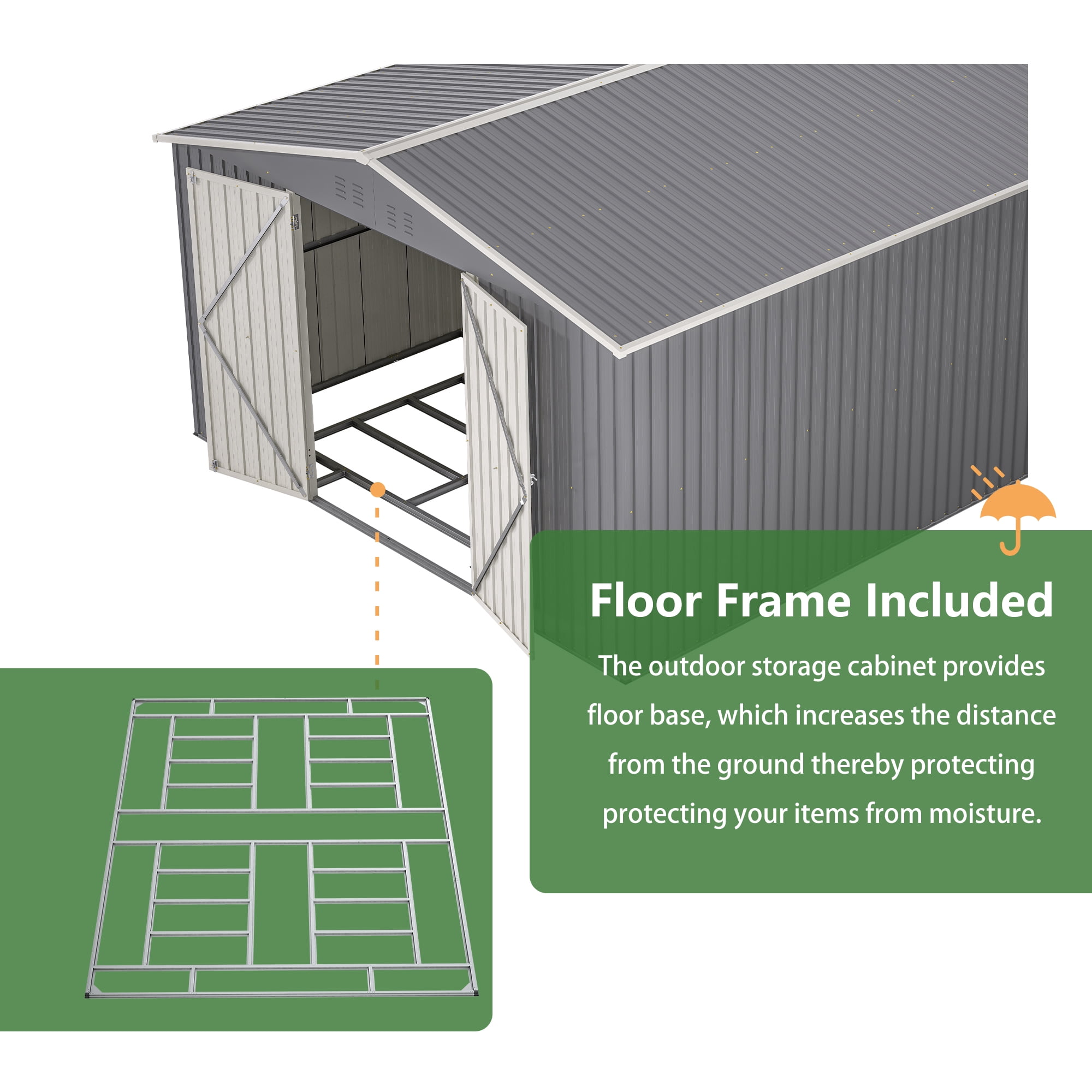 LZBEITEM Outdoor Storage Metal Shed, Galvanized Steel Garden Tool House with Floor Frame Kit and Lockable Doors (Gray, 11 x 13 ft) rda6a
