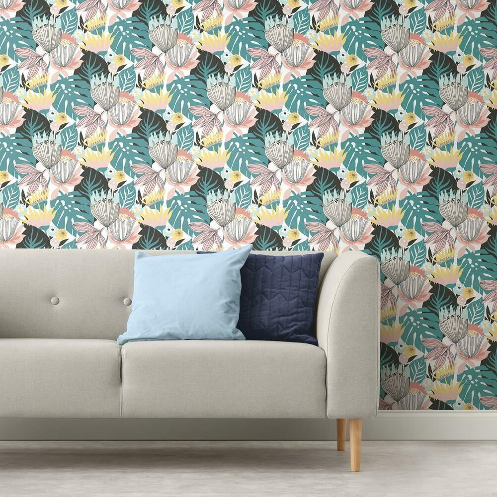 RoomMates Retro Tropical Leaves Peel and Stick Wallpaper (Pink, 20.5 in x 16.5 ft) jncuq