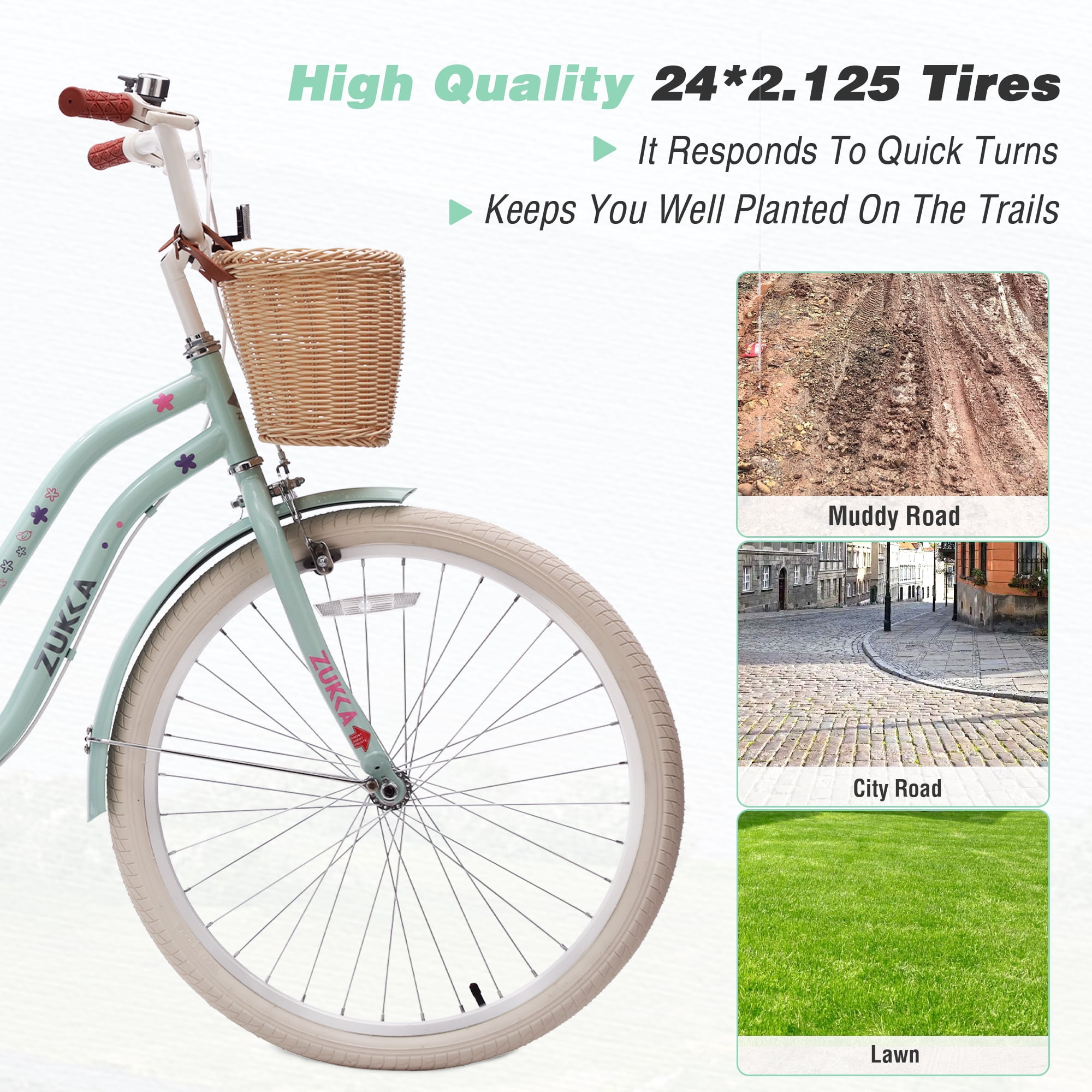 MEGHNA 24 inch Cruiser Bike Single Speed Steel Frame with Woven Basket (Green, 24 in) 9agsg