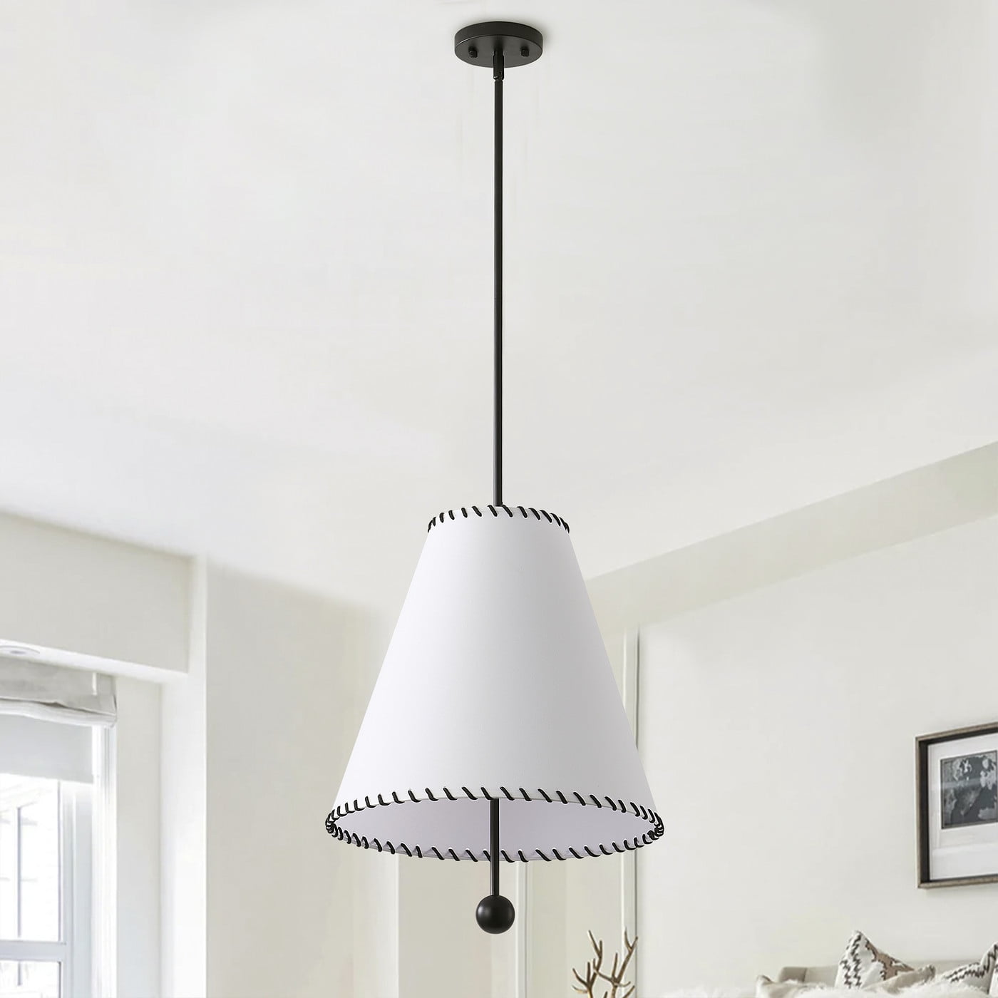 Aiwen Vintage Pendant Light, Industrial Farmhouse Ceiling Lamp with Linen Cone Shade (White, 16.5 in) i17a3
