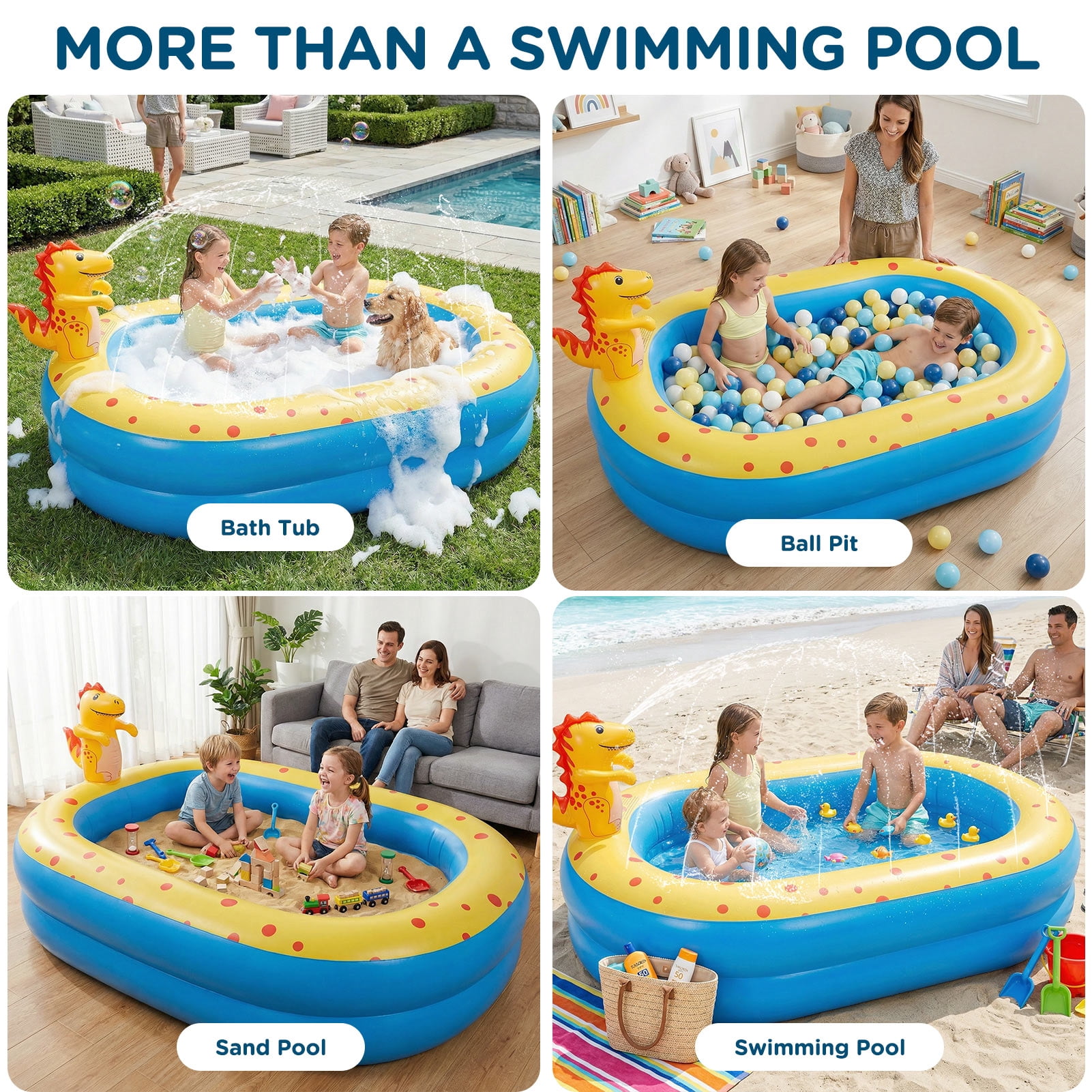 Livhil Dinosaur Inflatable Kiddie Pool with Sprinkler for Outdoor Summer Water Play (Green, 67 in x 41 in x 32 in) d79h6