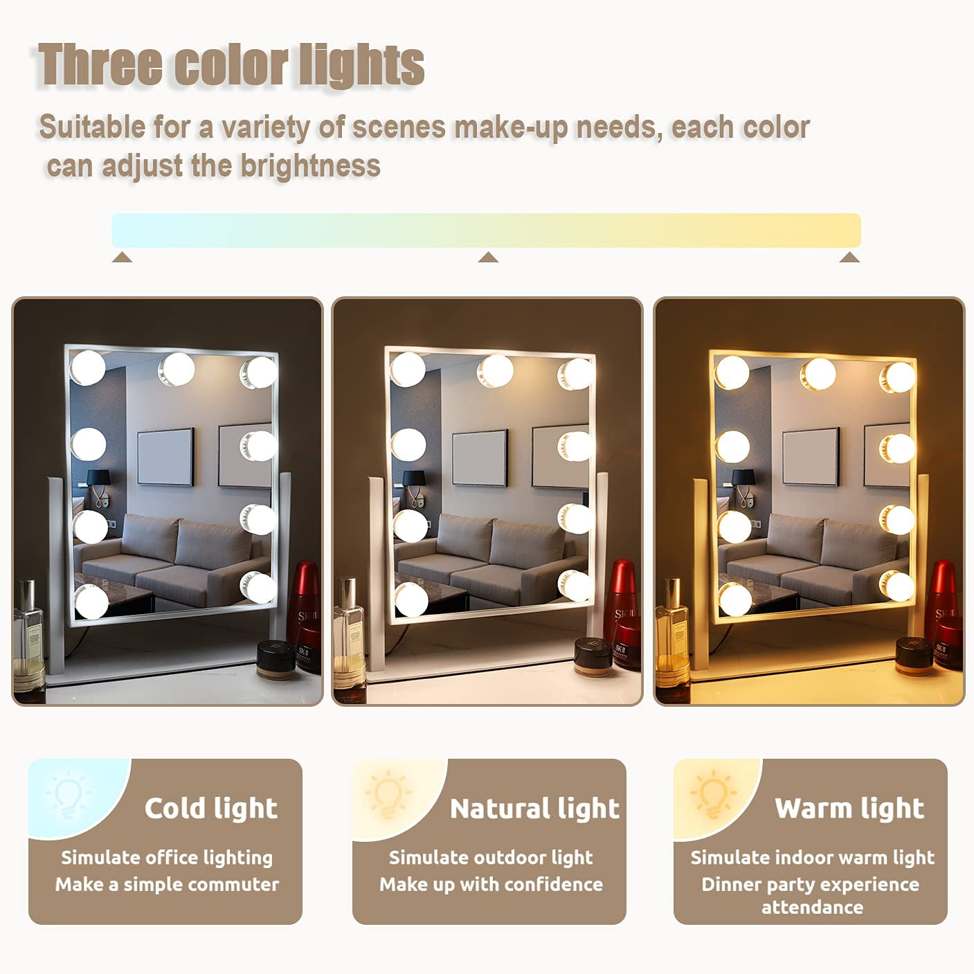 Fenchilin Vanity Makeup Mirror with Lights, 360 Degree Swivel Tabletop Mirror, Adjustable Brightness & 3 Color Modes (White, 12 in x 14 in) 0yz6e