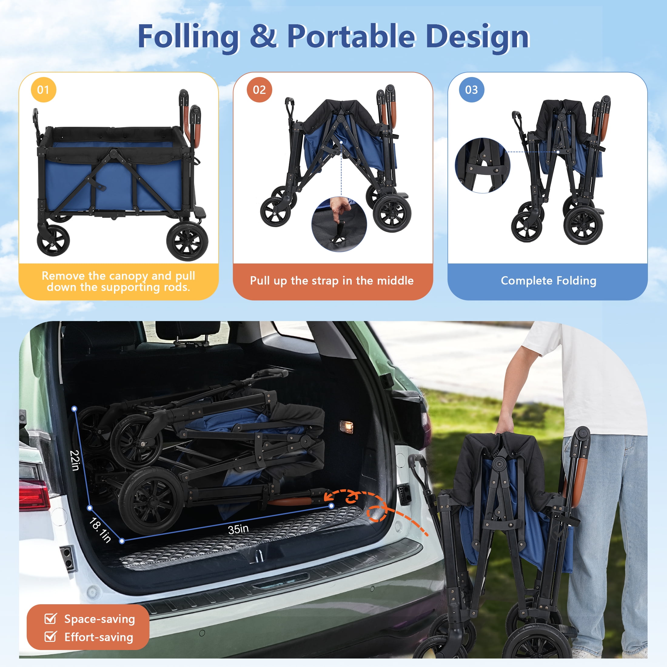 Minikid 2-Seater Wagon Stroller with Canopy and 5-Point Harness (Blue, 38 lb) jnqvp