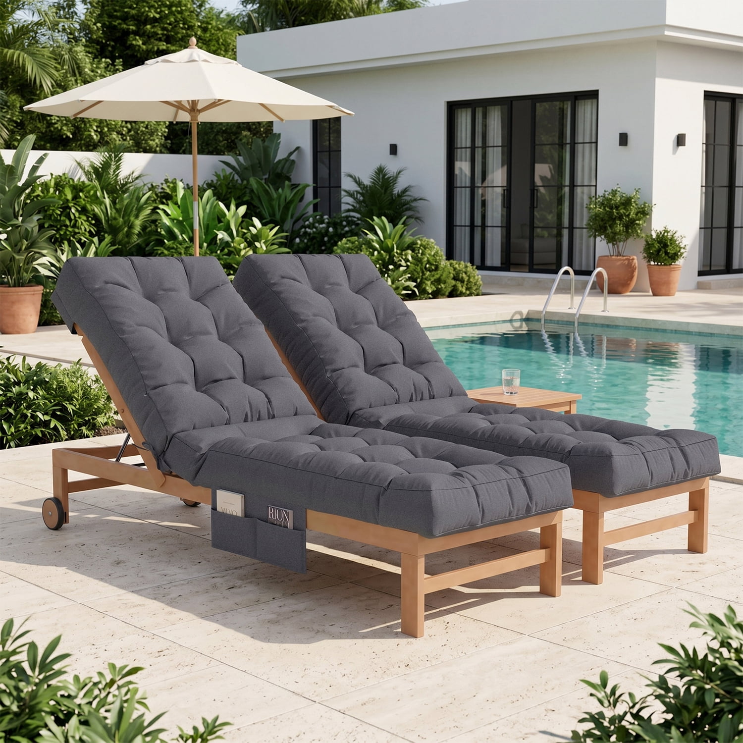 BaPiPro Outdoor Chaise Lounge Cushion with Side Pocket and Non-Slip Fixation (Gray, 2-Pack) plspn