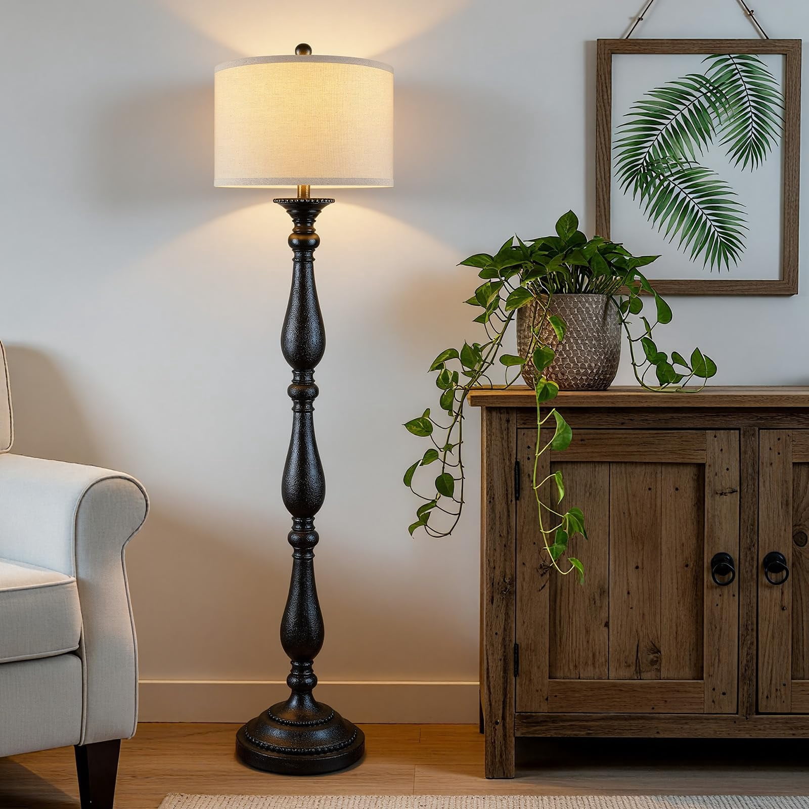 Lumina Decor Vintage Floor Lamp Rustic Farmhouse Standing Light with Linen Shade (Black, 60 in) uay29
